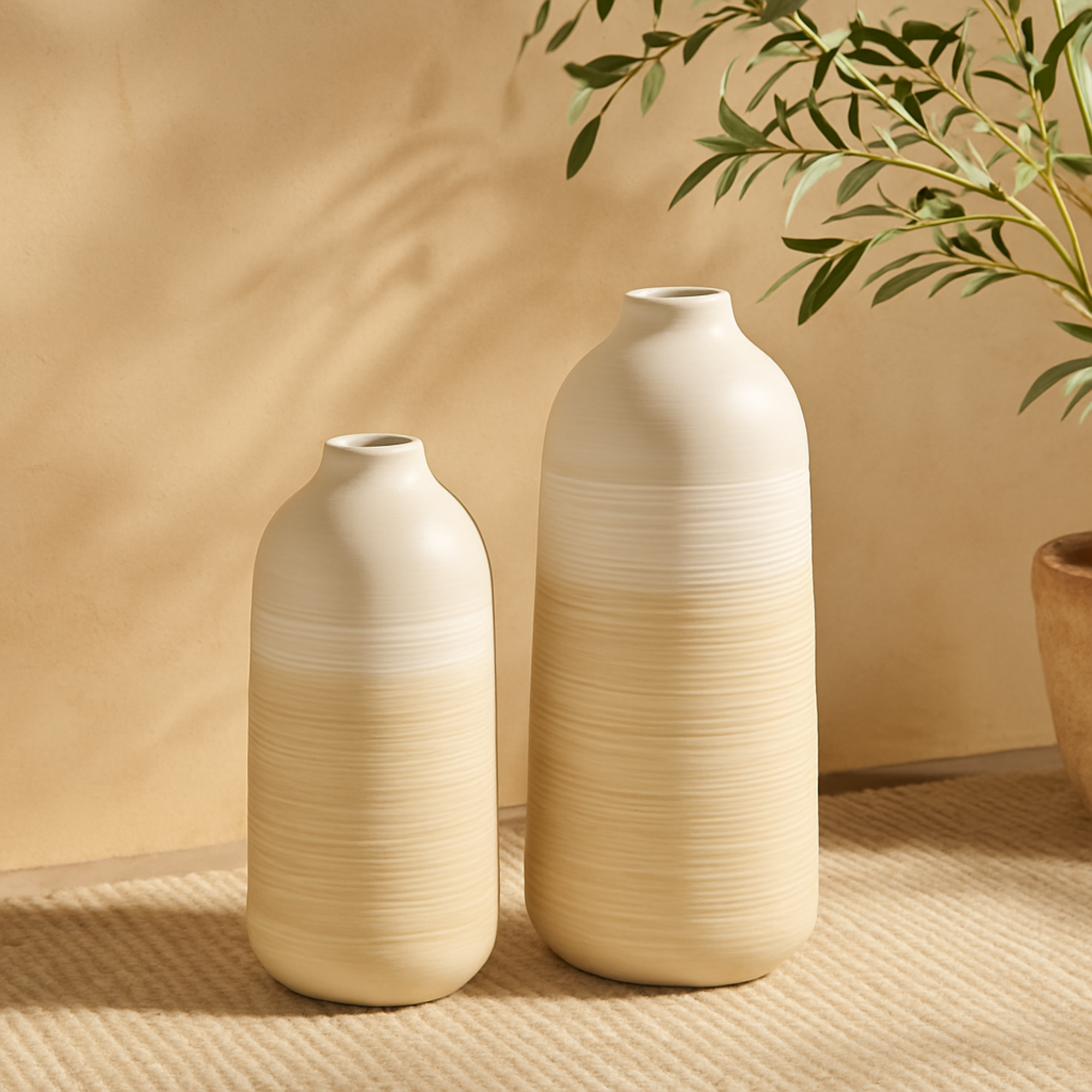Set of 2 Brown Metal Decorative Vase with Embossed Ribbing