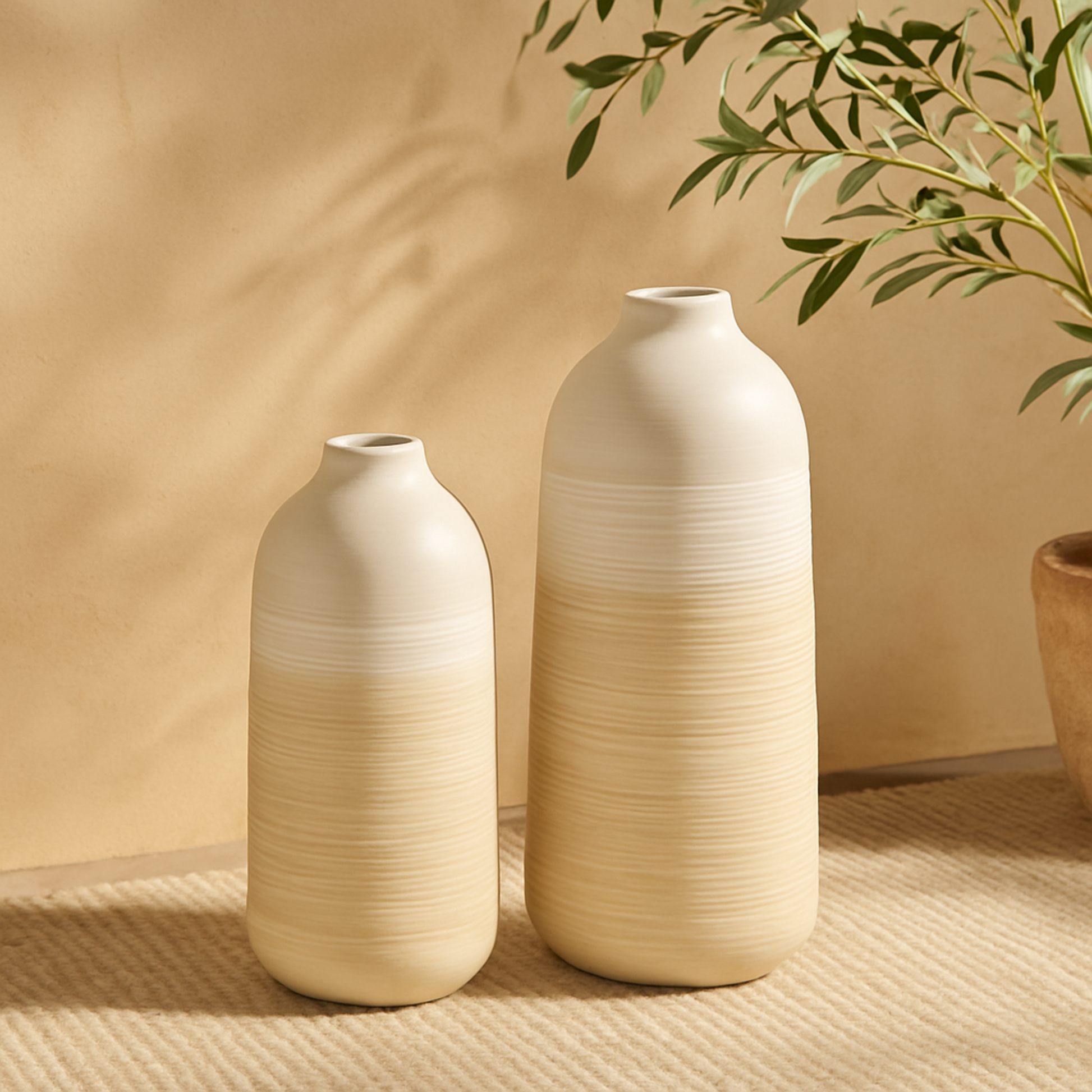 Set of 2 Brown Metal Decorative Vase with Embossed Ribbing