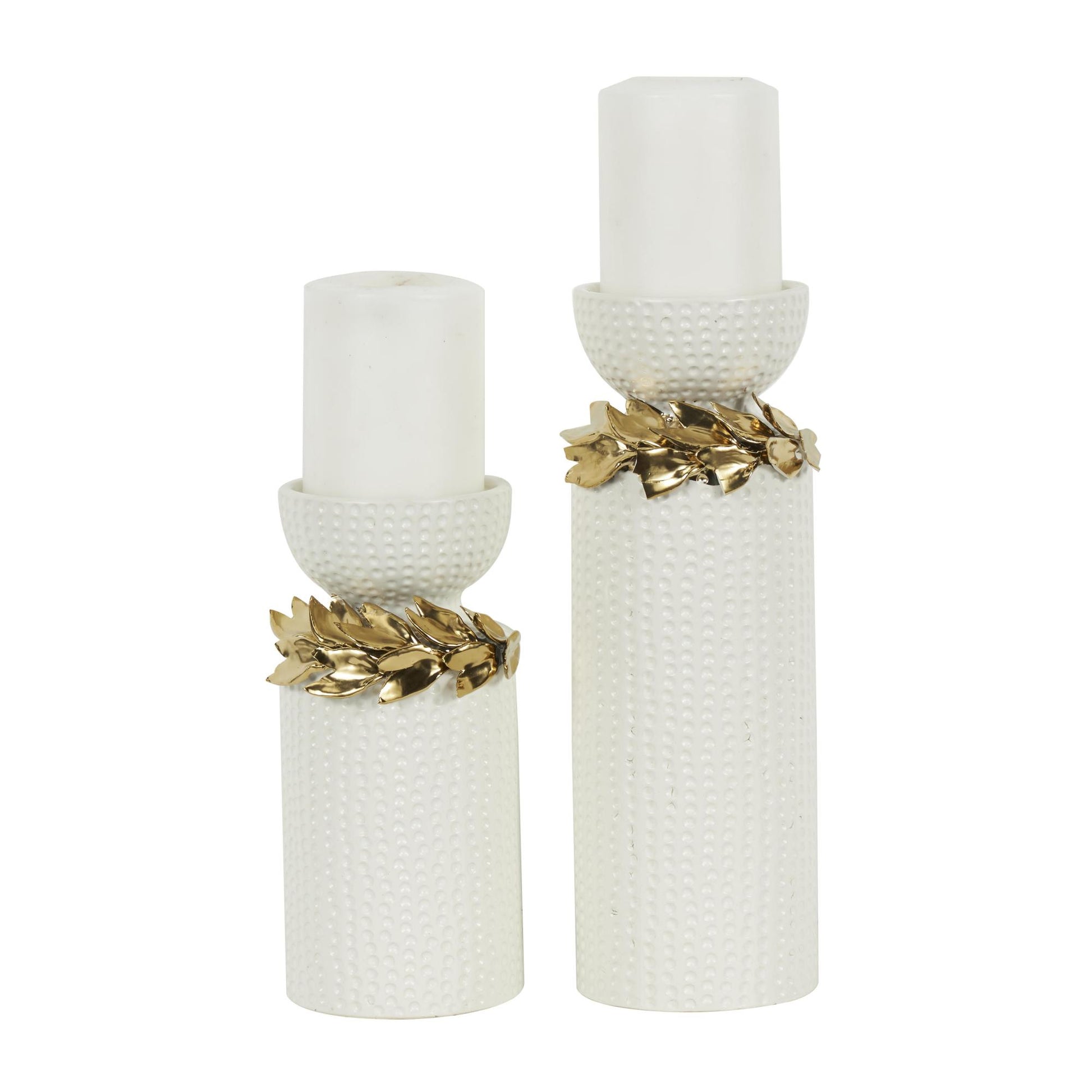 Set of 2 Leaf White Ceramic Decorative Candle Holder with Abstract Spotted Pattern and Gold Accents
