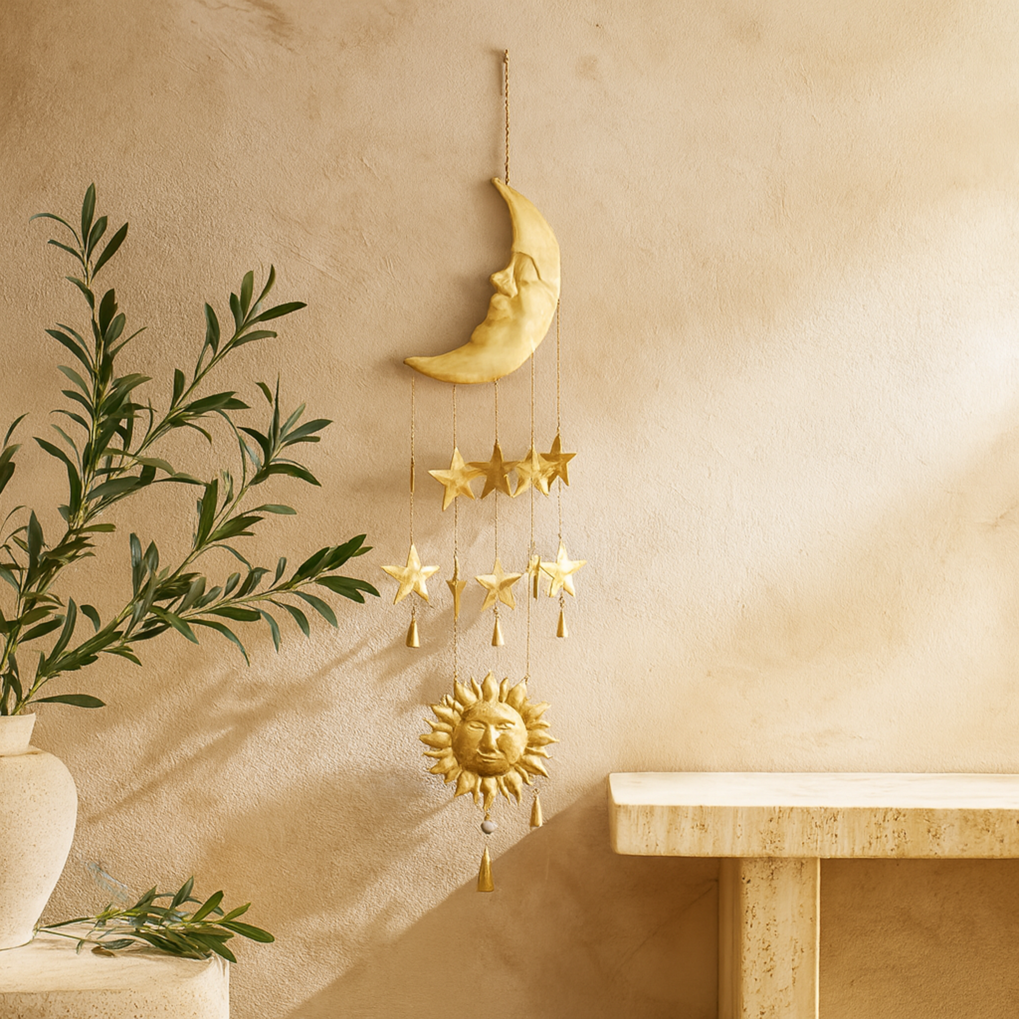 Sun and Moon Gold Metal Handmade Indoor Outdoor Windchime with Glass Beads and Cone Bells