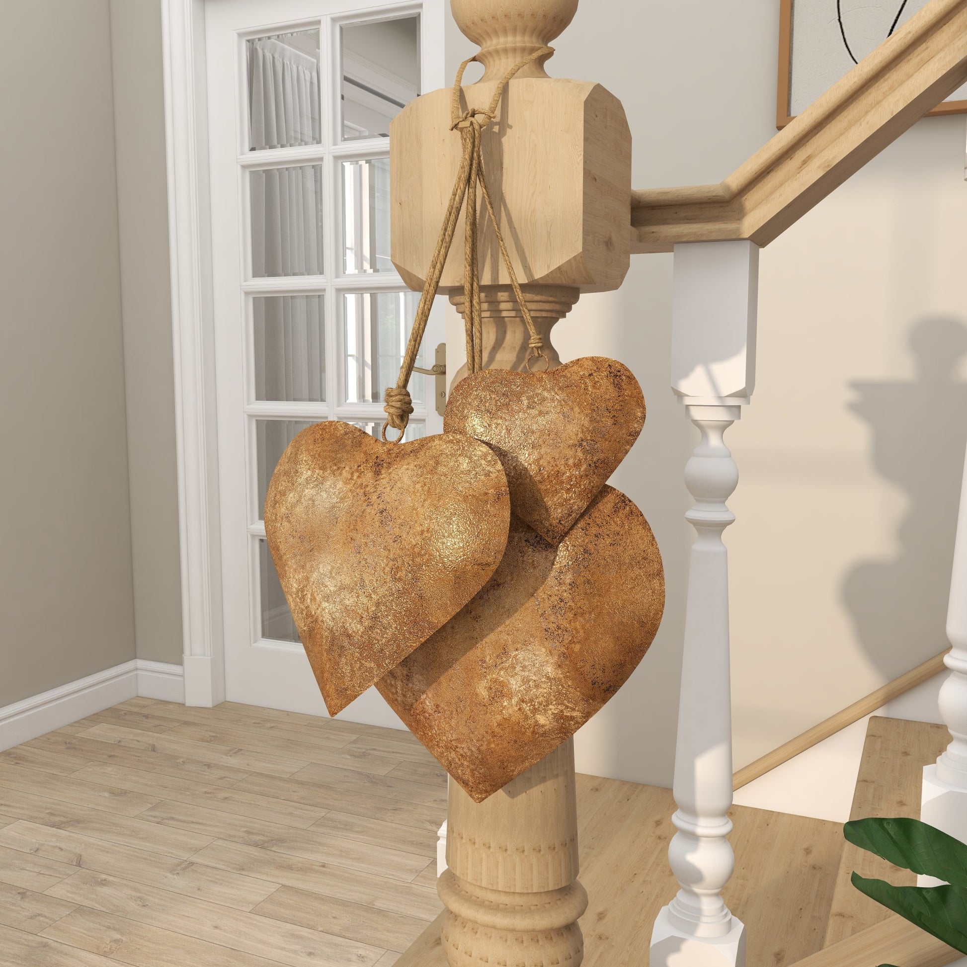 Set of 3 Heart Metal Tibetan Inspired Weathered Indoor Outdoor Decorative Bells with Jute Hanging Rope
