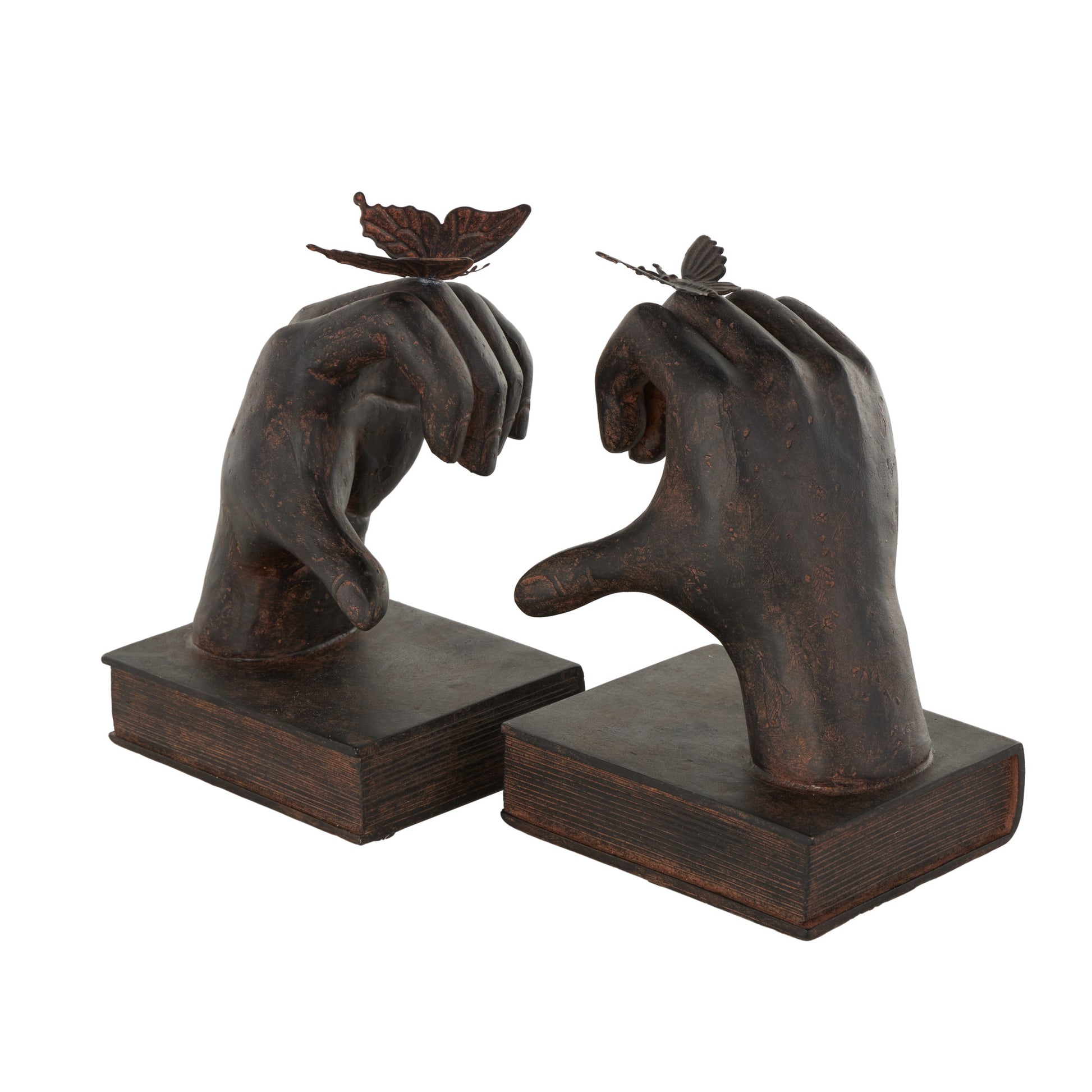 Set of 2 Hands Dark Brown Resin Heart Inspired Decorative Bookends with Butterfly and Copper Accents