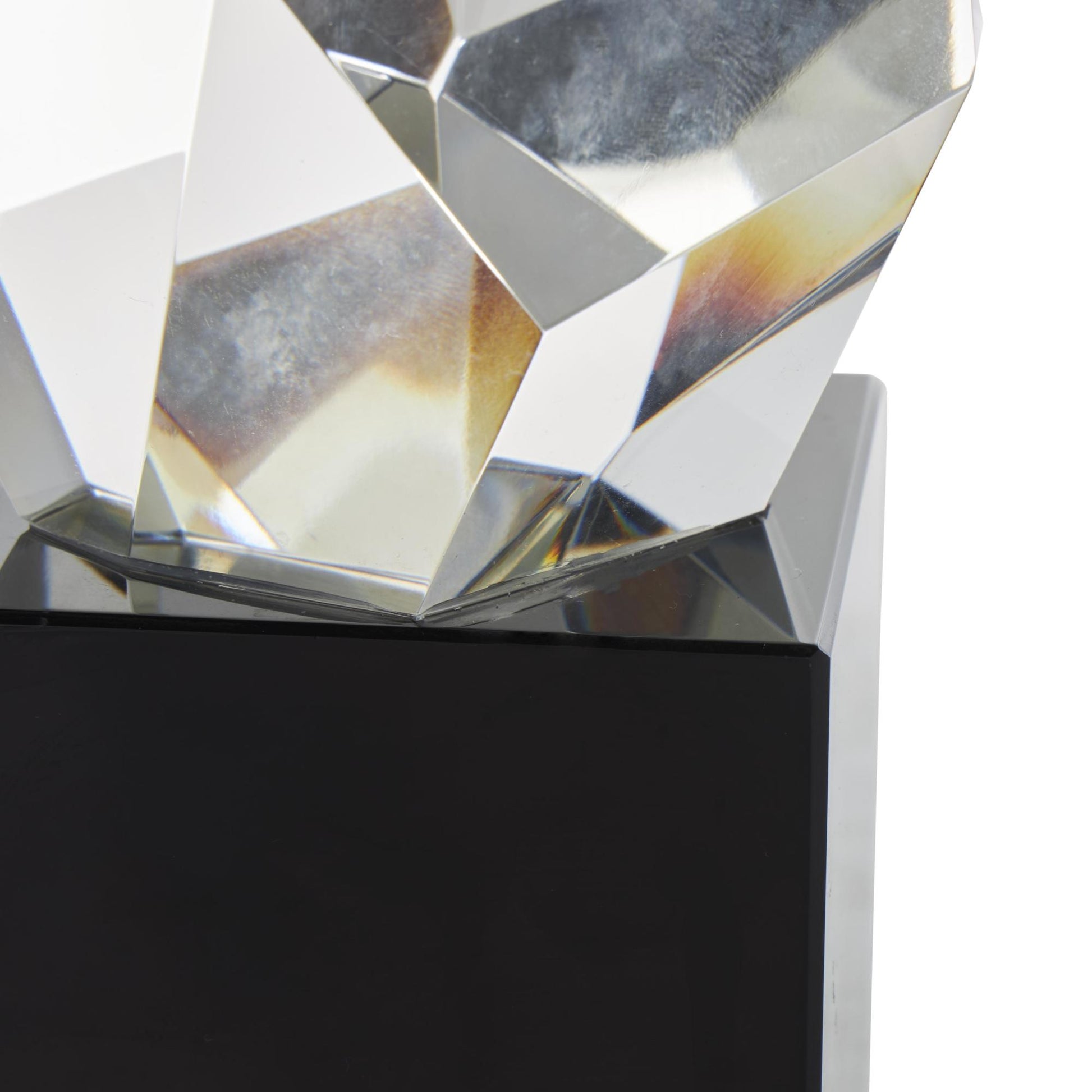 Geometric Clear Glass Cut Stone Inspired Decorative Sculpture with Black Base