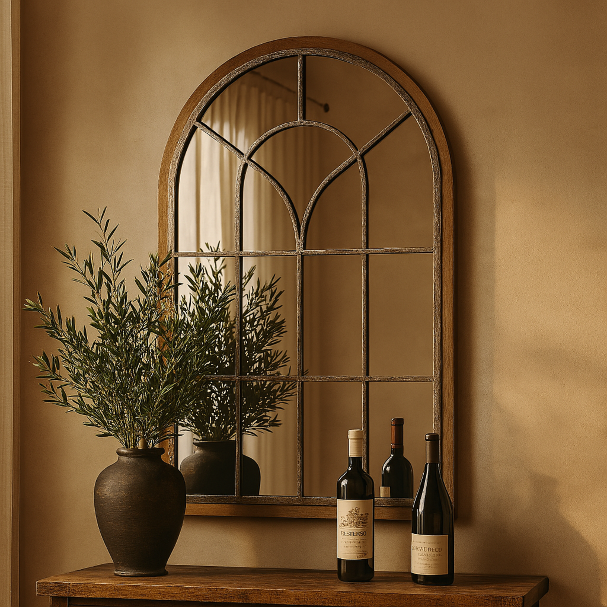 Brown Wooden Window Pane Inspired Room Wall Mirror with Arched Top
