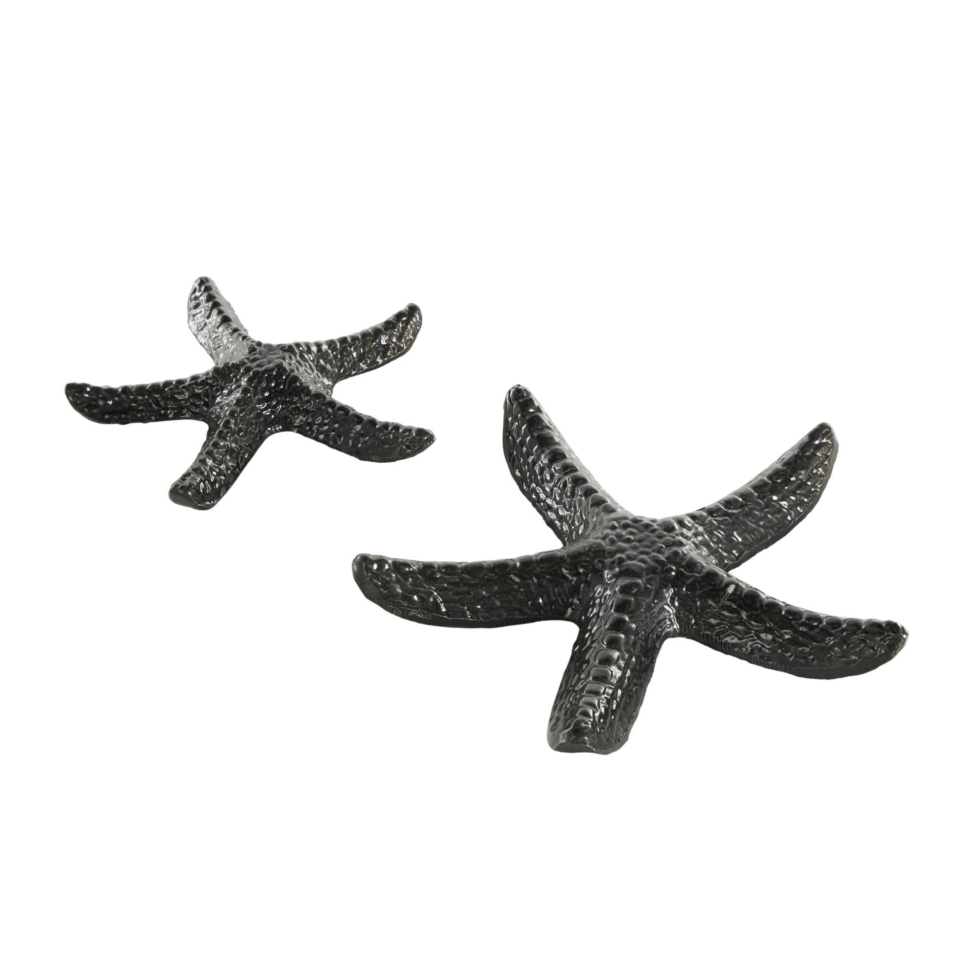 Set of 2 Starfish Black Aluminum Metal Bubble Textured Decorative Sculpture