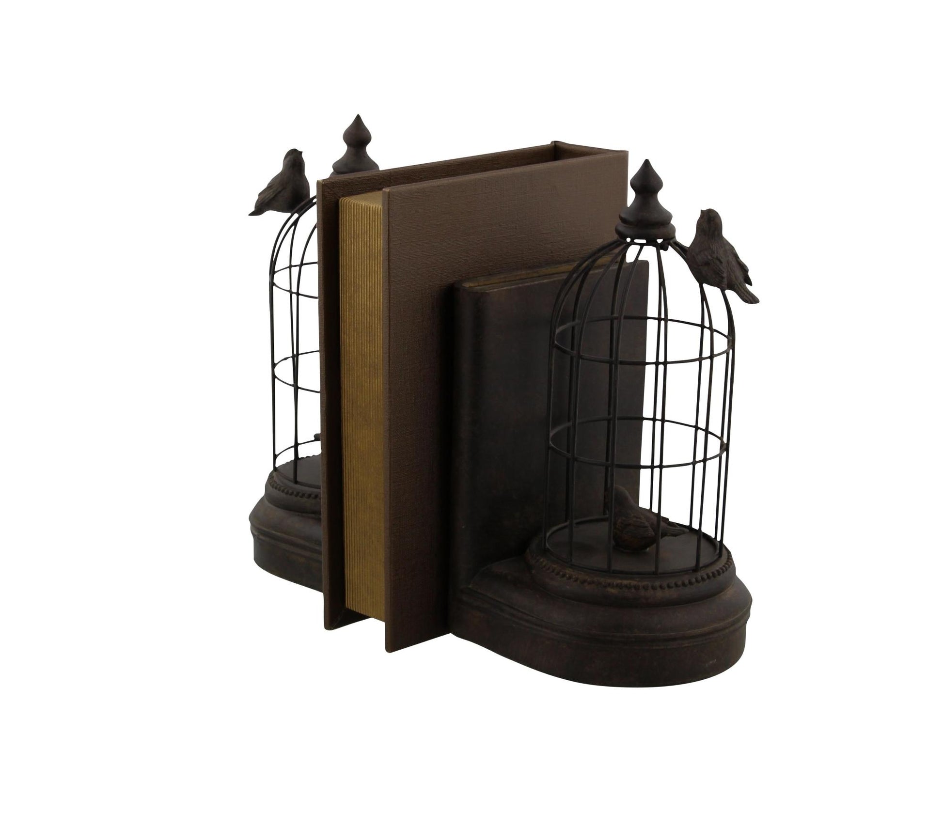 Set of 2 Bird Black Metal Decorative Bookends with Cages