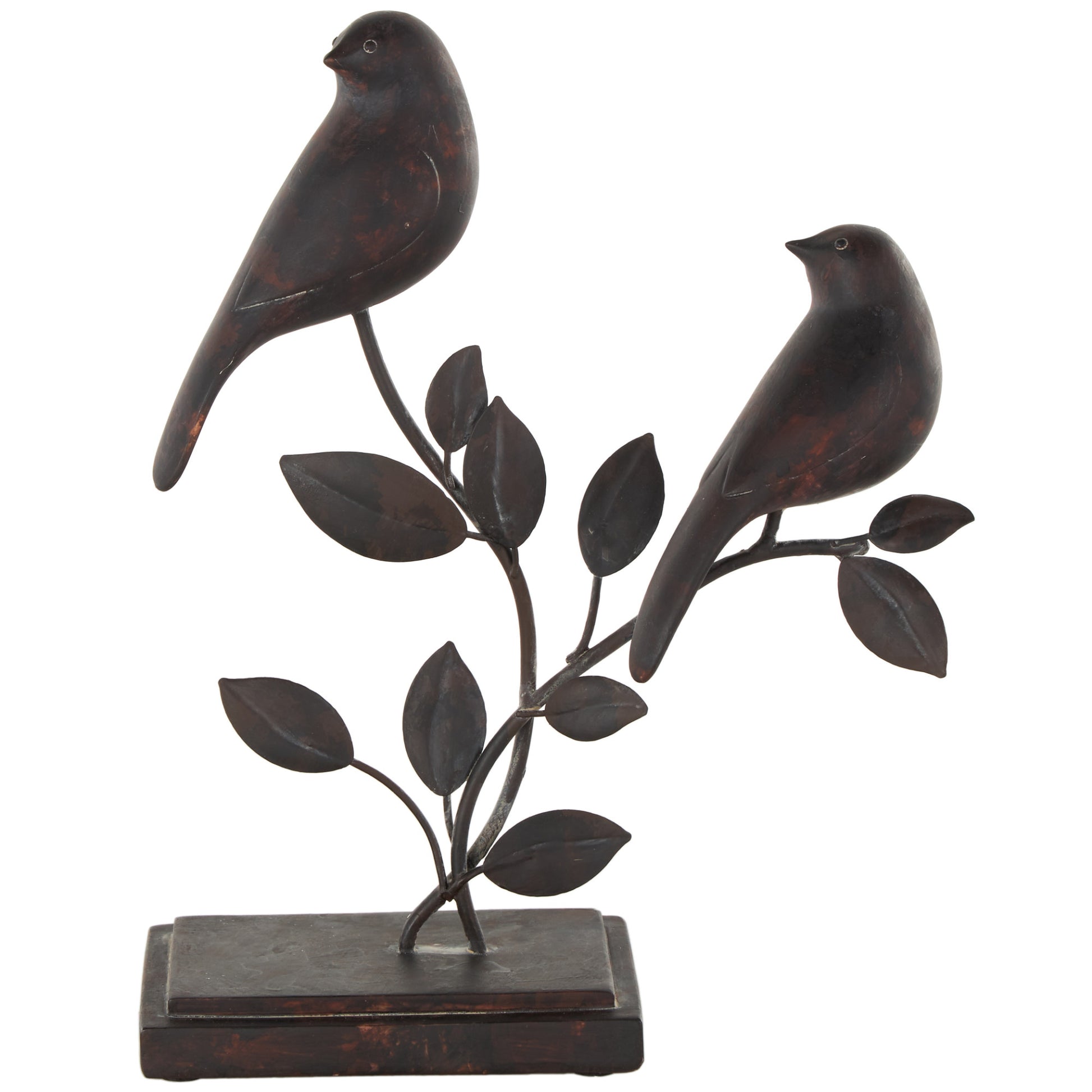 Bird Black Polystone Perching Decorative Sculpture with Leaf Vines and Copper Shading