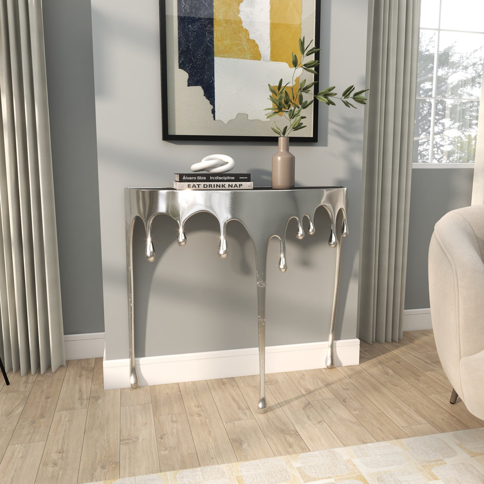 Abstract Aluminum Metal Crescent Drip Living Room Console Table with Melting Design Legs and Glass Top