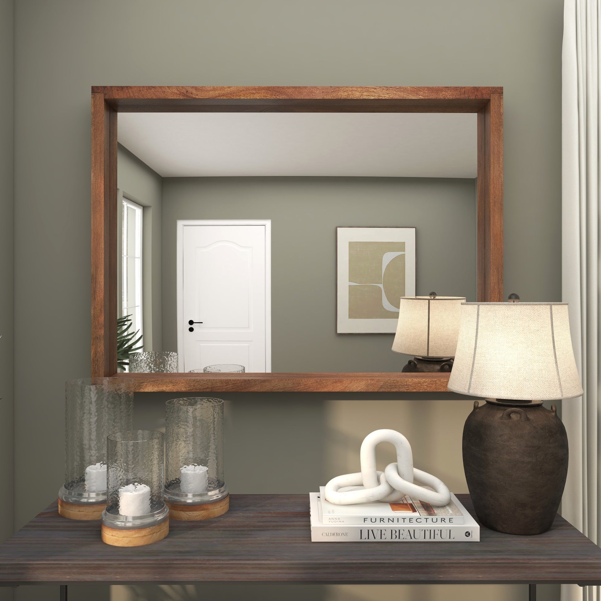Brown Mango Wood Room Wall Mirror with Natural Wood Grain and Deep Set Frame
