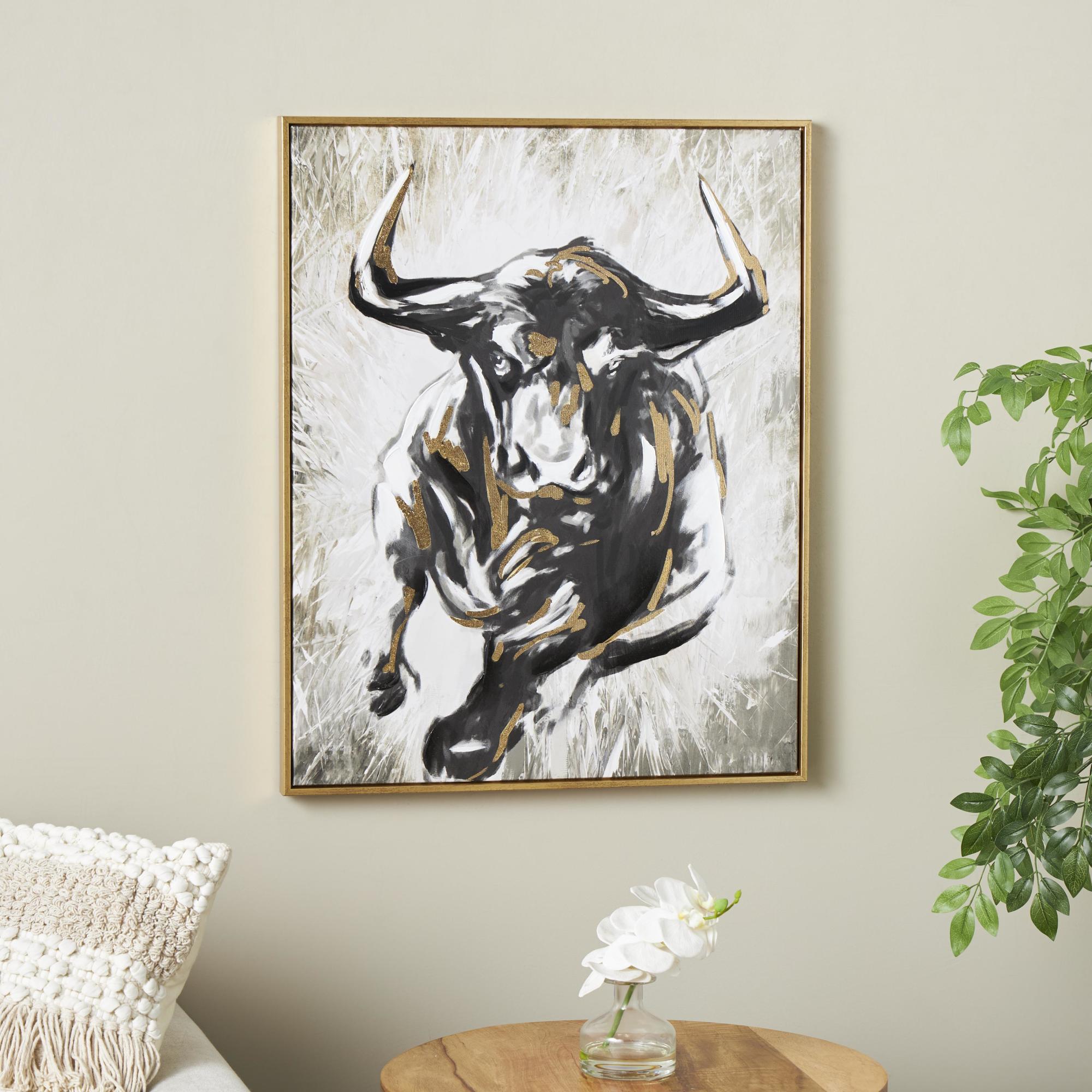 Bull Gold Canvas Shaded Running Living Room Framed Wall Art with Cream and Gold Foil Accents