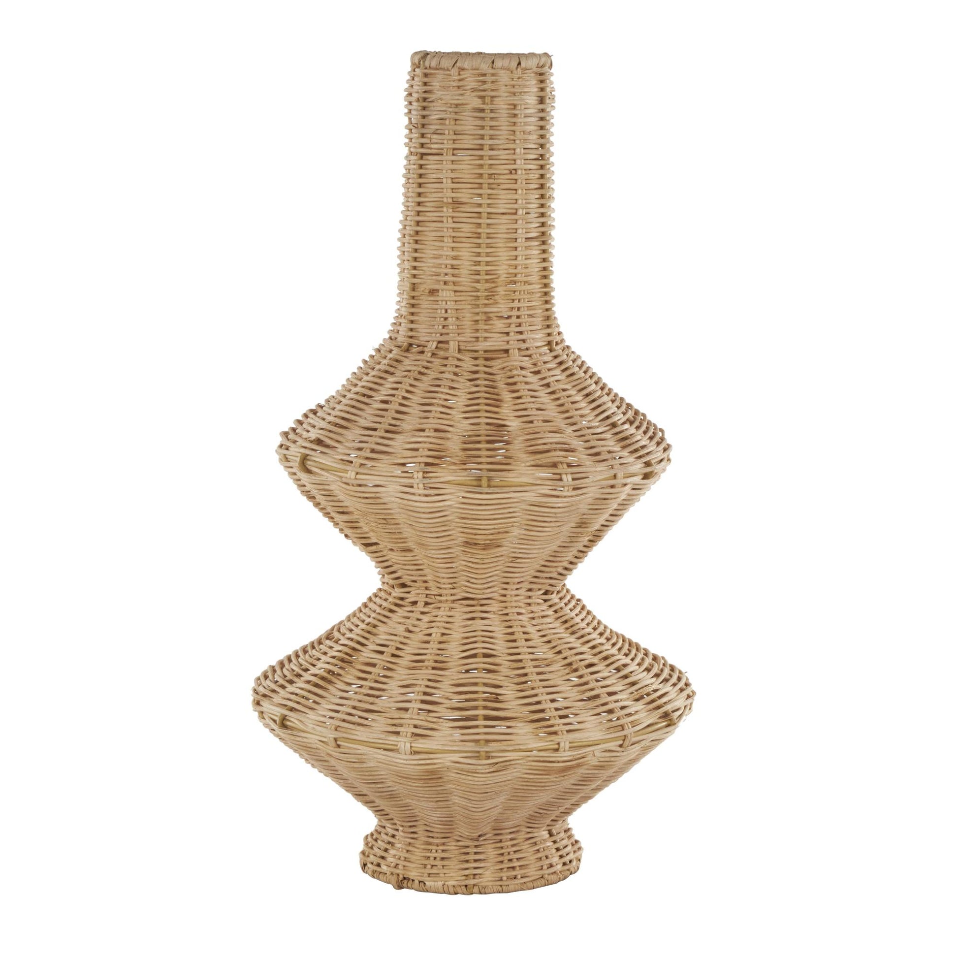 Brown Rattan Handmade Woven Fluted Hourglass Decorative Vase