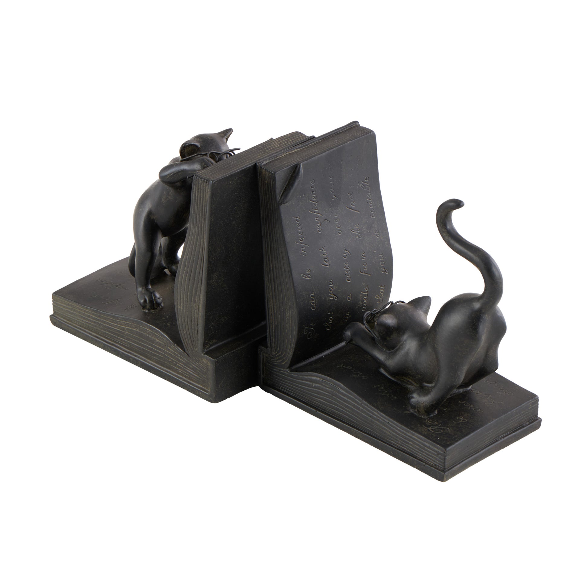 Set of 2 Cat Black Polystone Reading Decorative Bookends