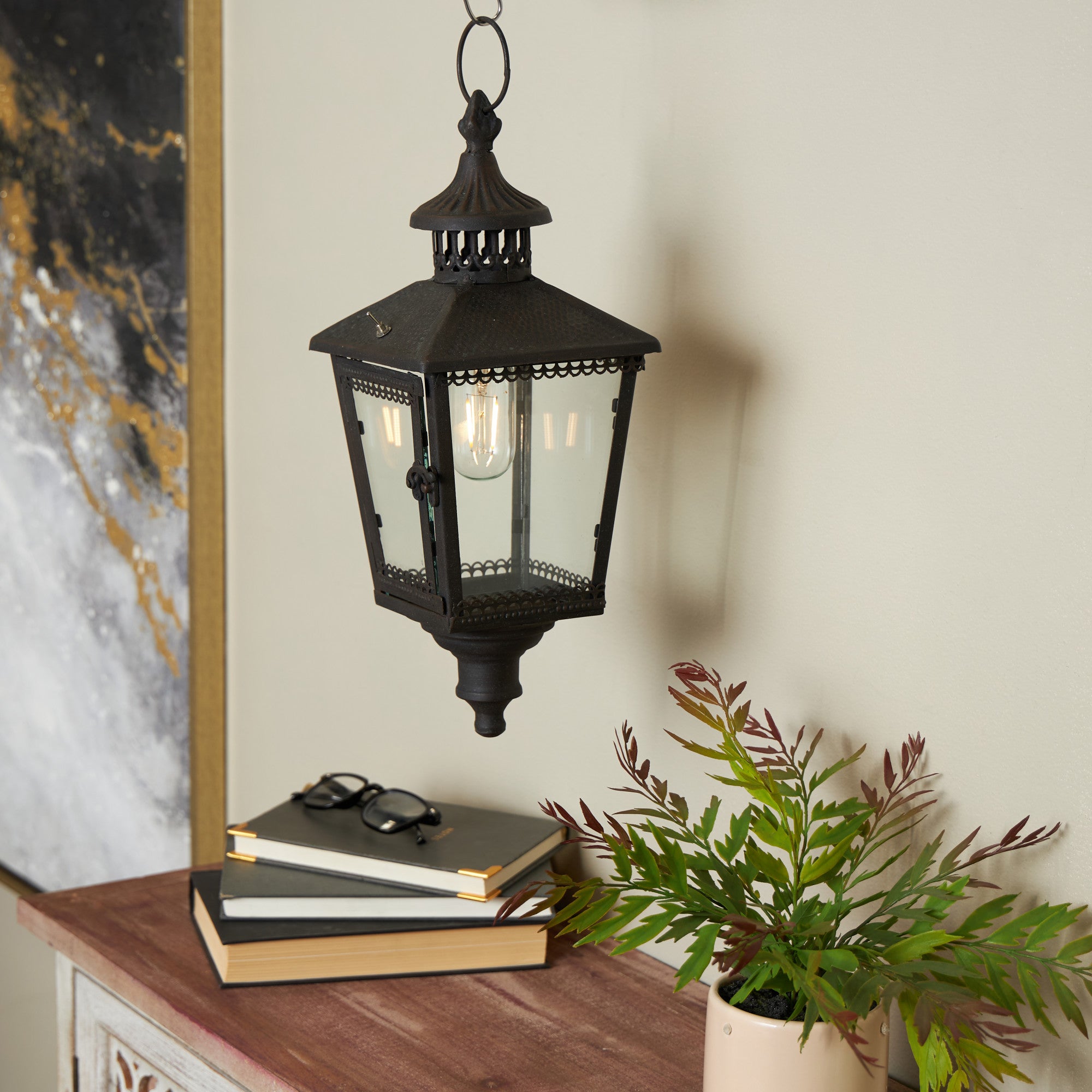 Light House Black Metal Style Decorative Indoor Outdoor Candle Lantern with Ring Handle