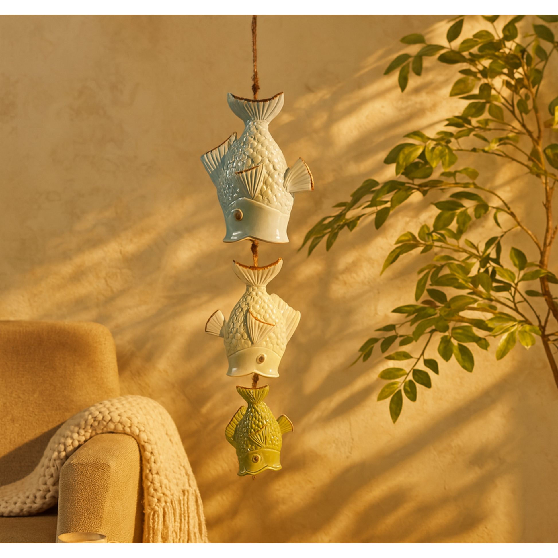 Fish Multi Colored Ceramic Indoor Outdoor Windchime with Brown Rope