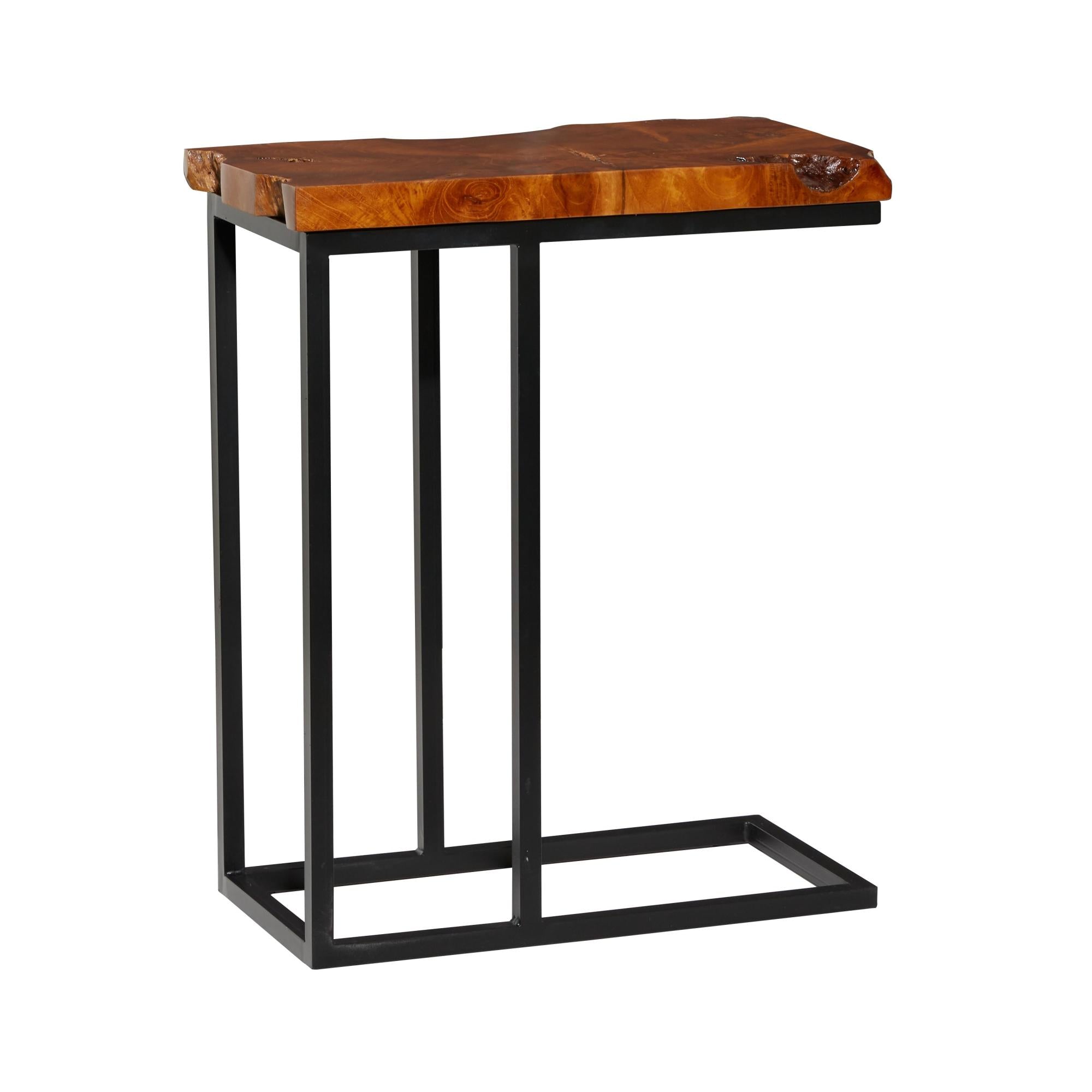 Brown Teak Wood Live Edge Top Side End Accent Table with Black Metal Base