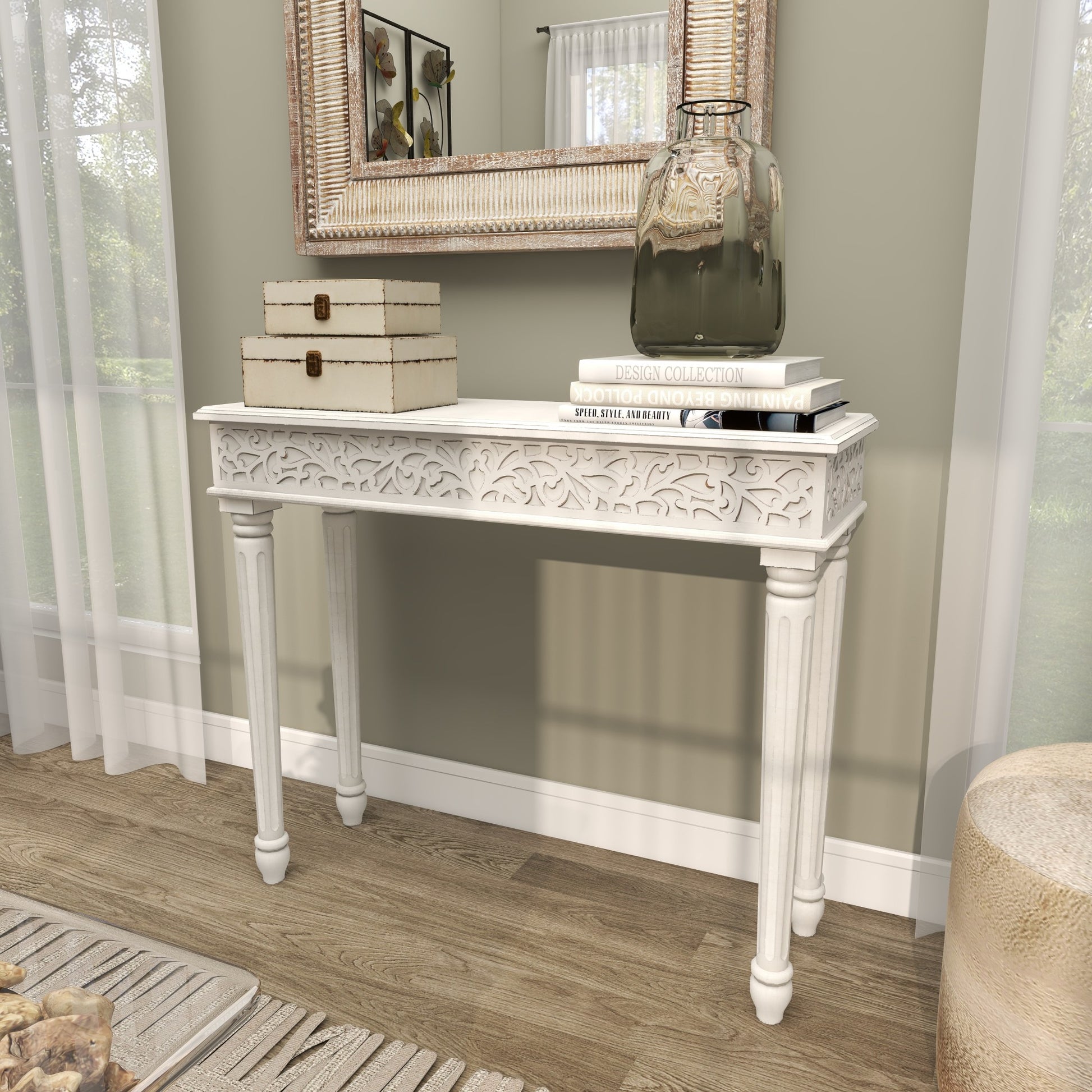 Scroll Wood Intricately Carved Slim Living Room Console Table with Turned Legs 36" x 12" x 30"