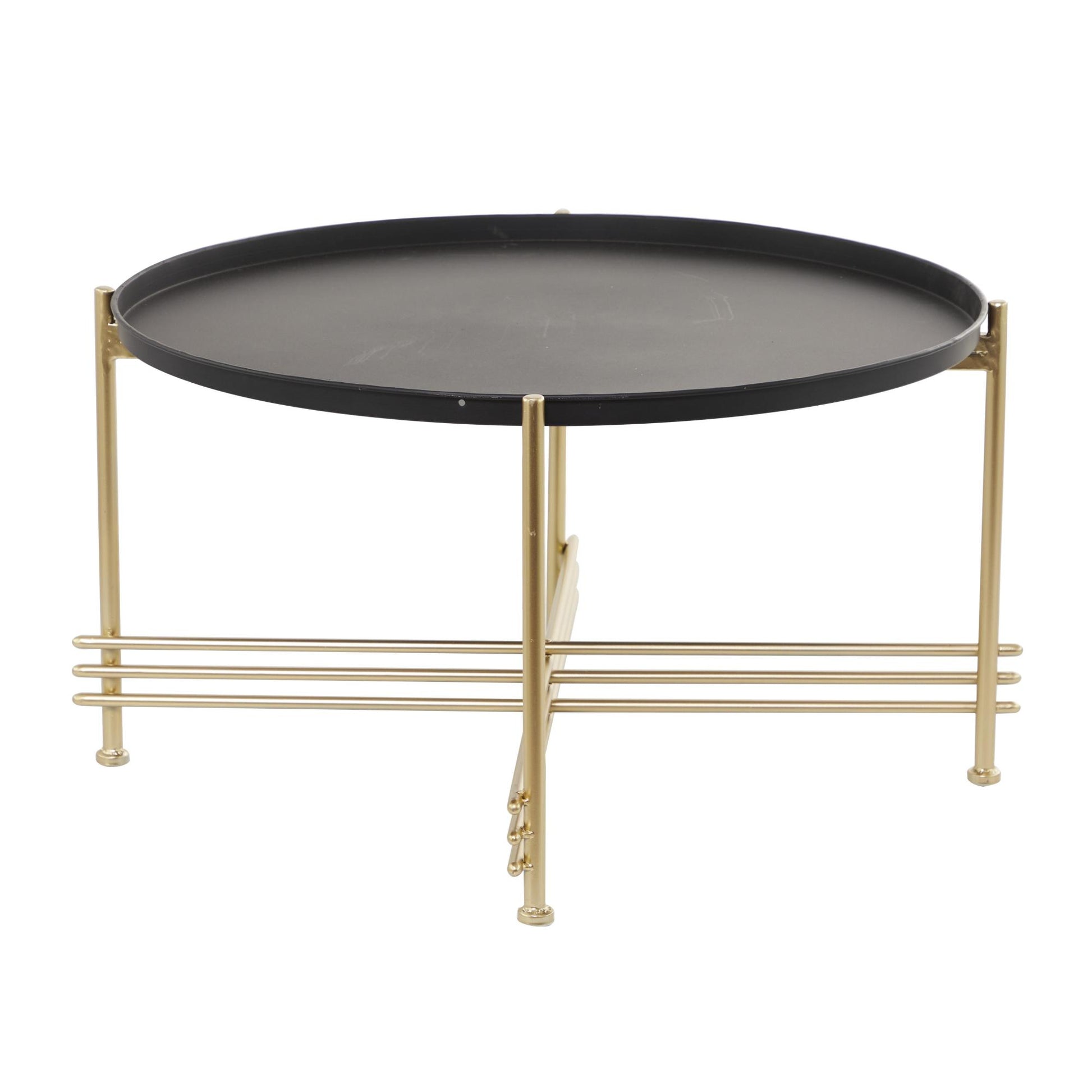 Black Metal Tray Top Living Room Coffee Table with Gold X-Shaped Base