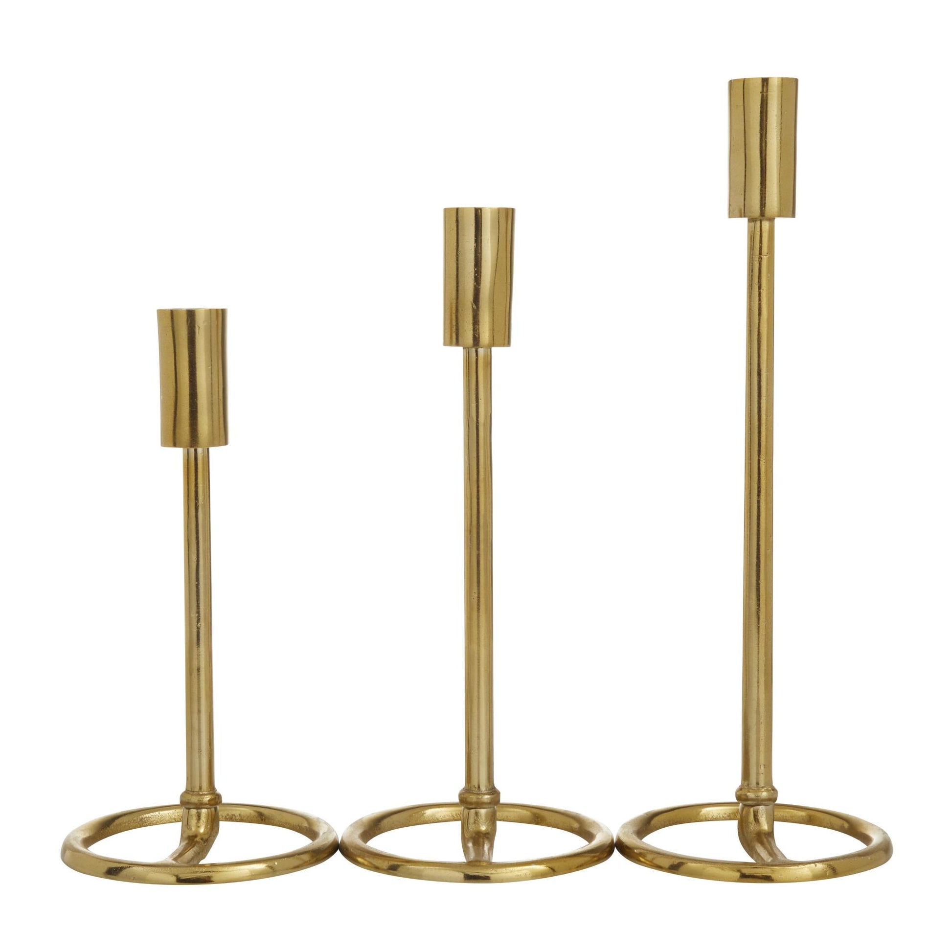Set of 3 Gold Aluminum Metal Tapered Decorative Candle Holder with Ring Bases