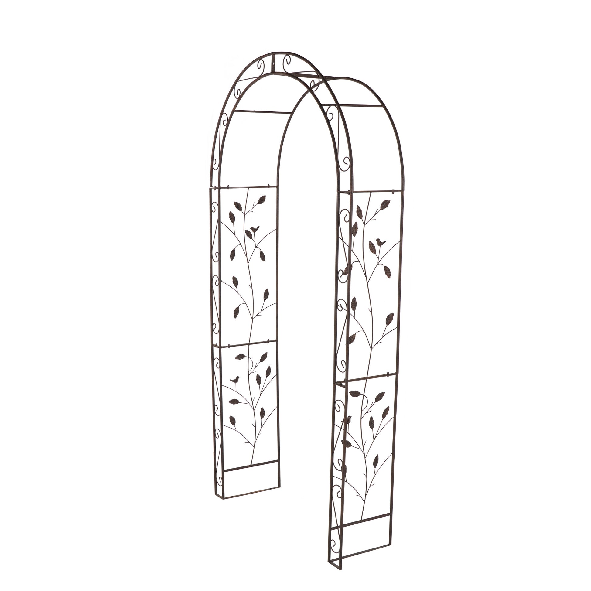 Scroll Bronze Metal Indoor Outdoor Arched Indoor Outdoor Garden Arbor with Leaf and Bird Panels