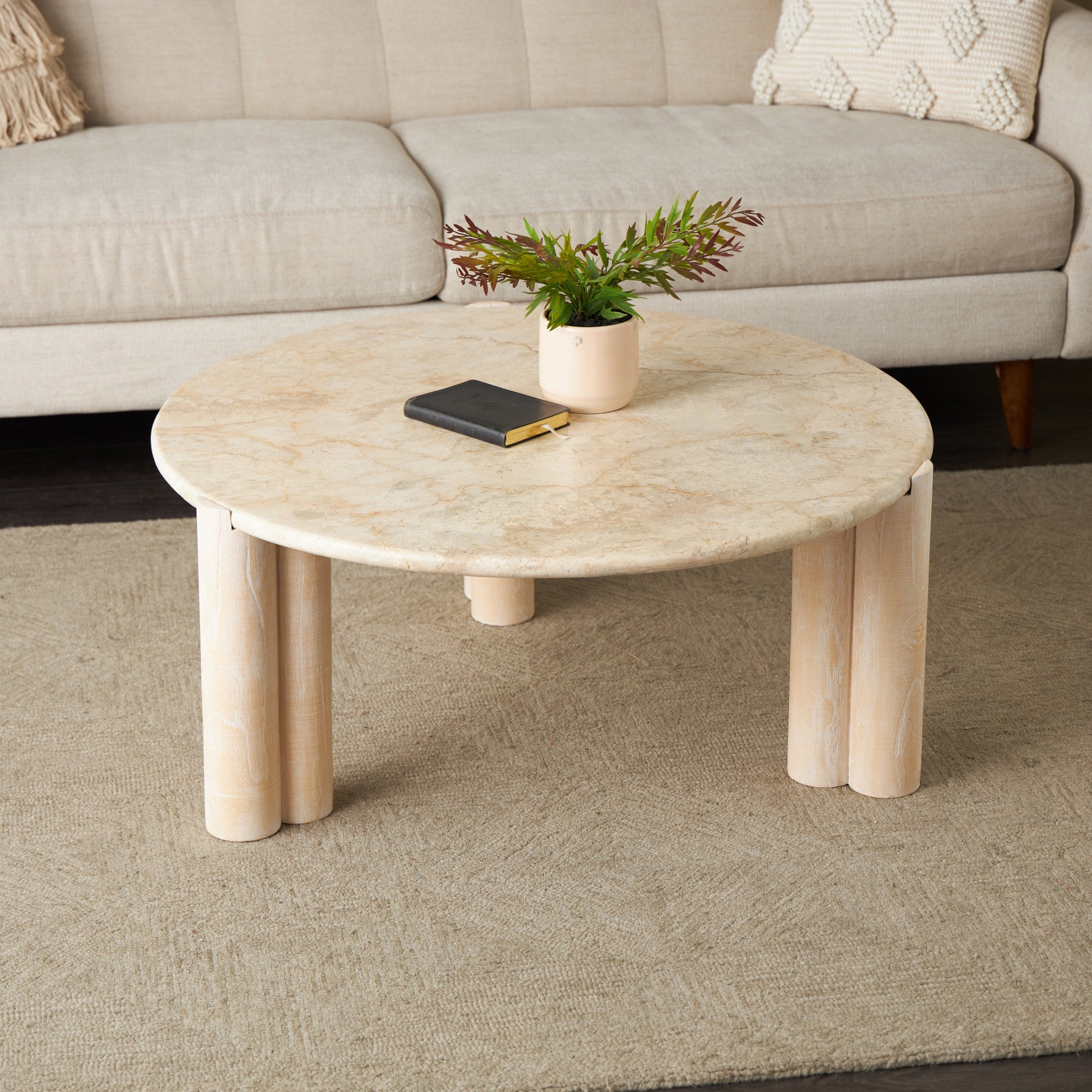 Cream Teak Wood Handmade Living Room Coffee Table with Beige Marble Tabletop