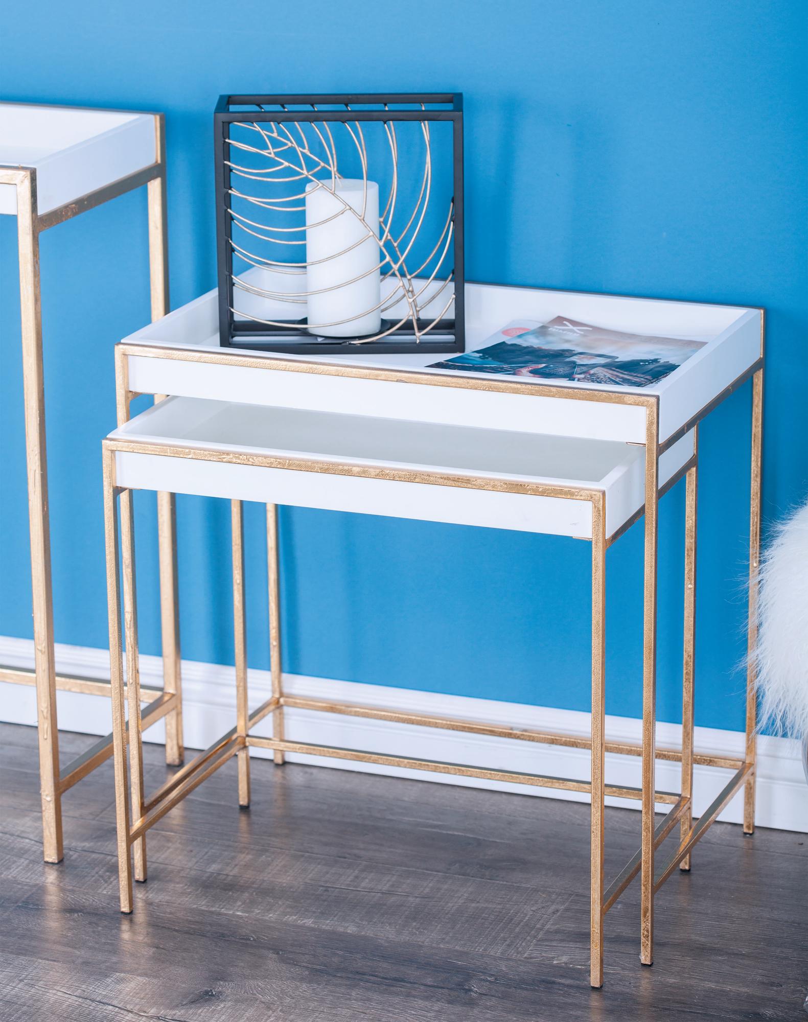Set of 2 Geometric White Wooden Nesting Tray Top Side End Accent Table with Gold Metal Legs