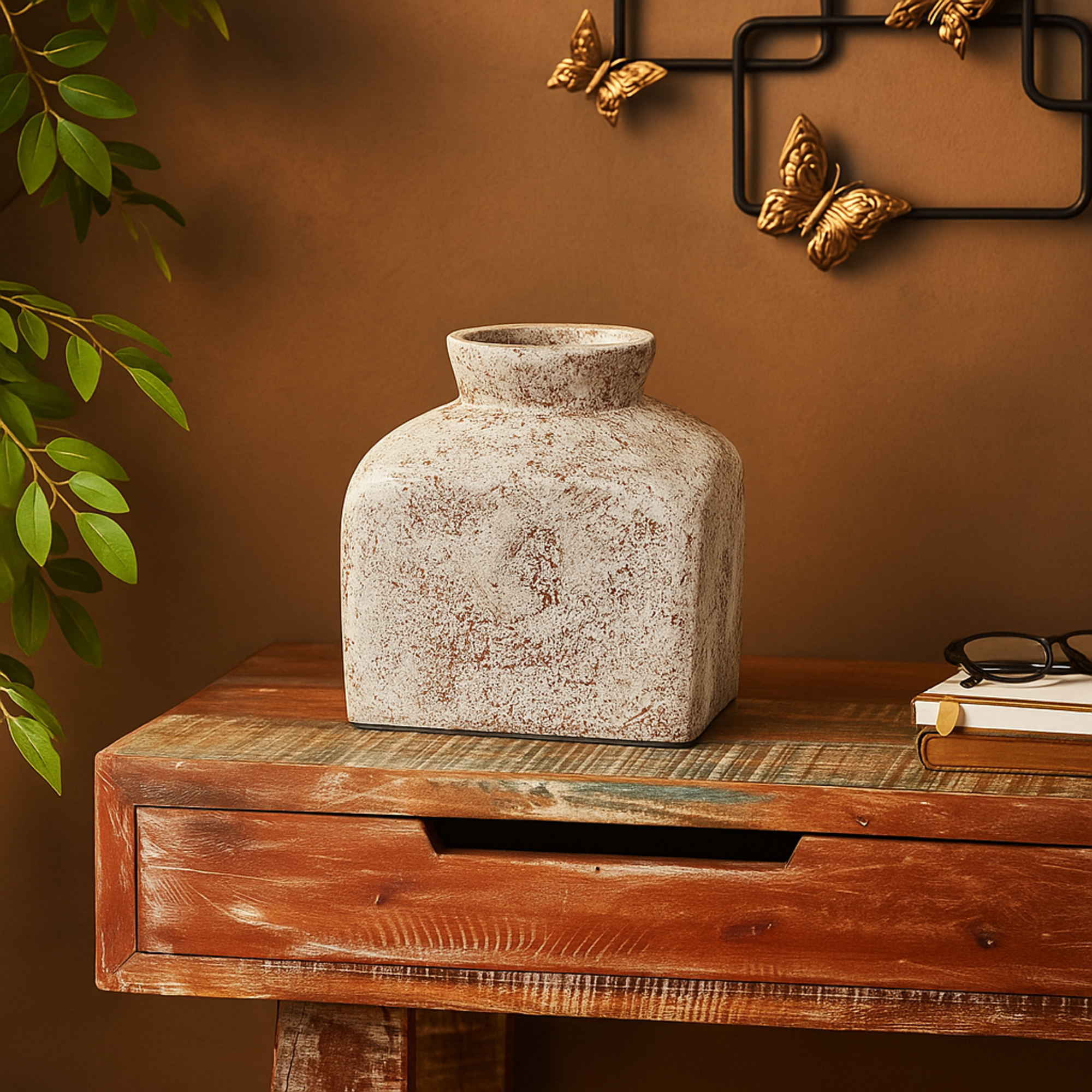 Brown Ceramic Antique Style Textured Square Decorative Vase