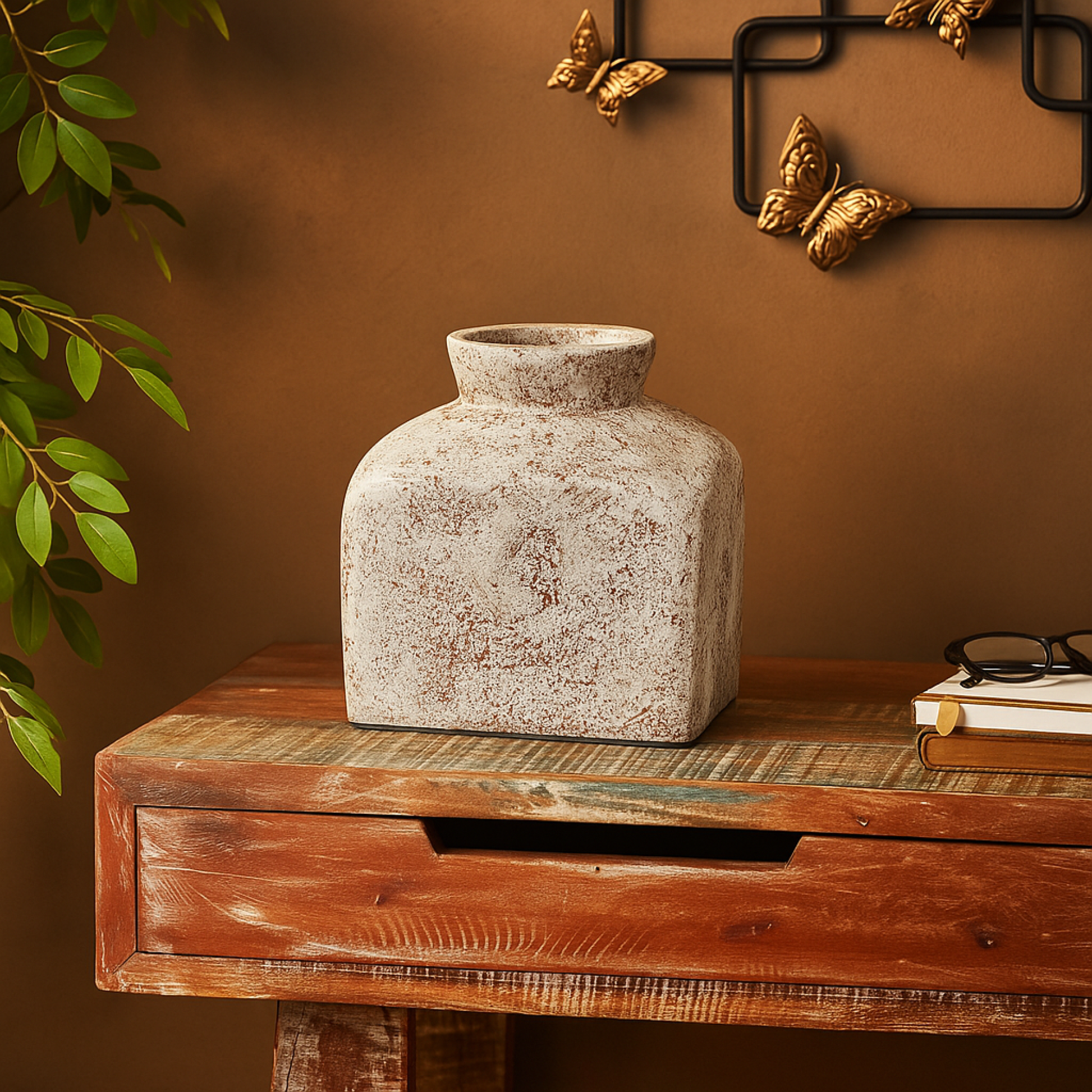 Brown Ceramic Antique Style Textured Square Decorative Vase