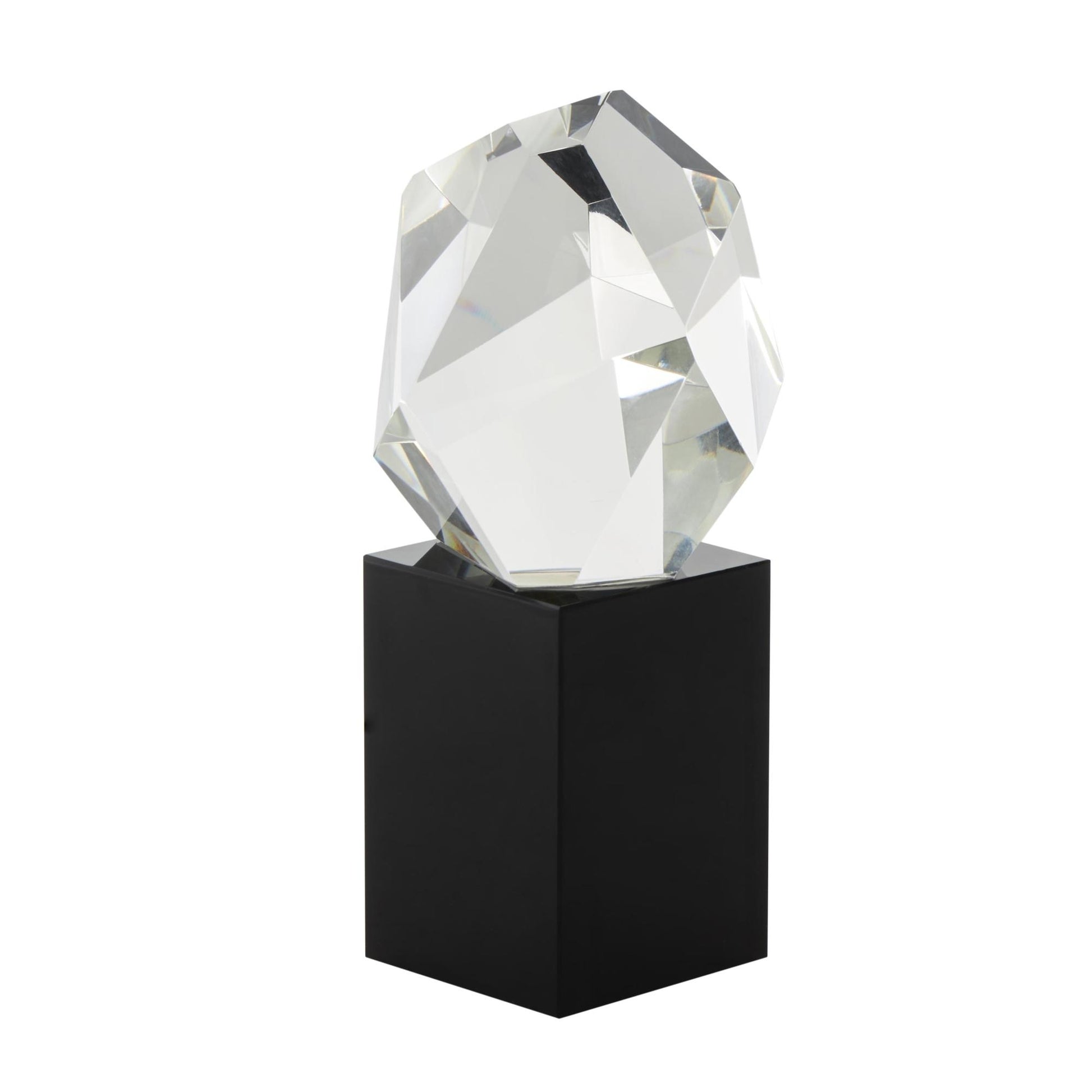 Geometric Clear Glass Cut Stone Inspired Decorative Sculpture with Black Base