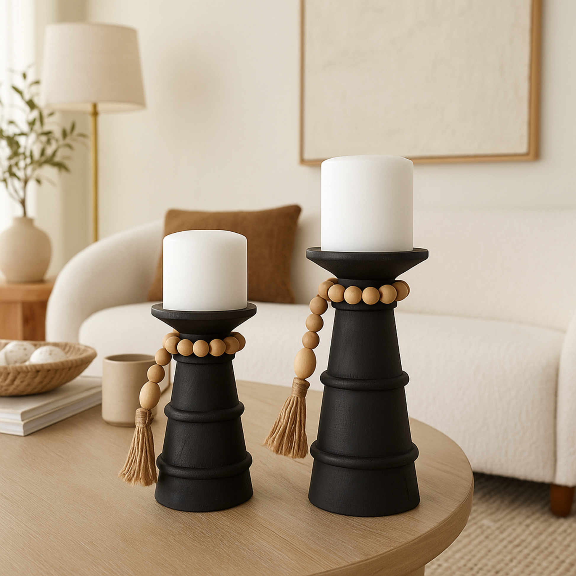 Set of 2 Black Wood Handmade Textured Matte Decorative Candle Holder with Beaded Garland Accent