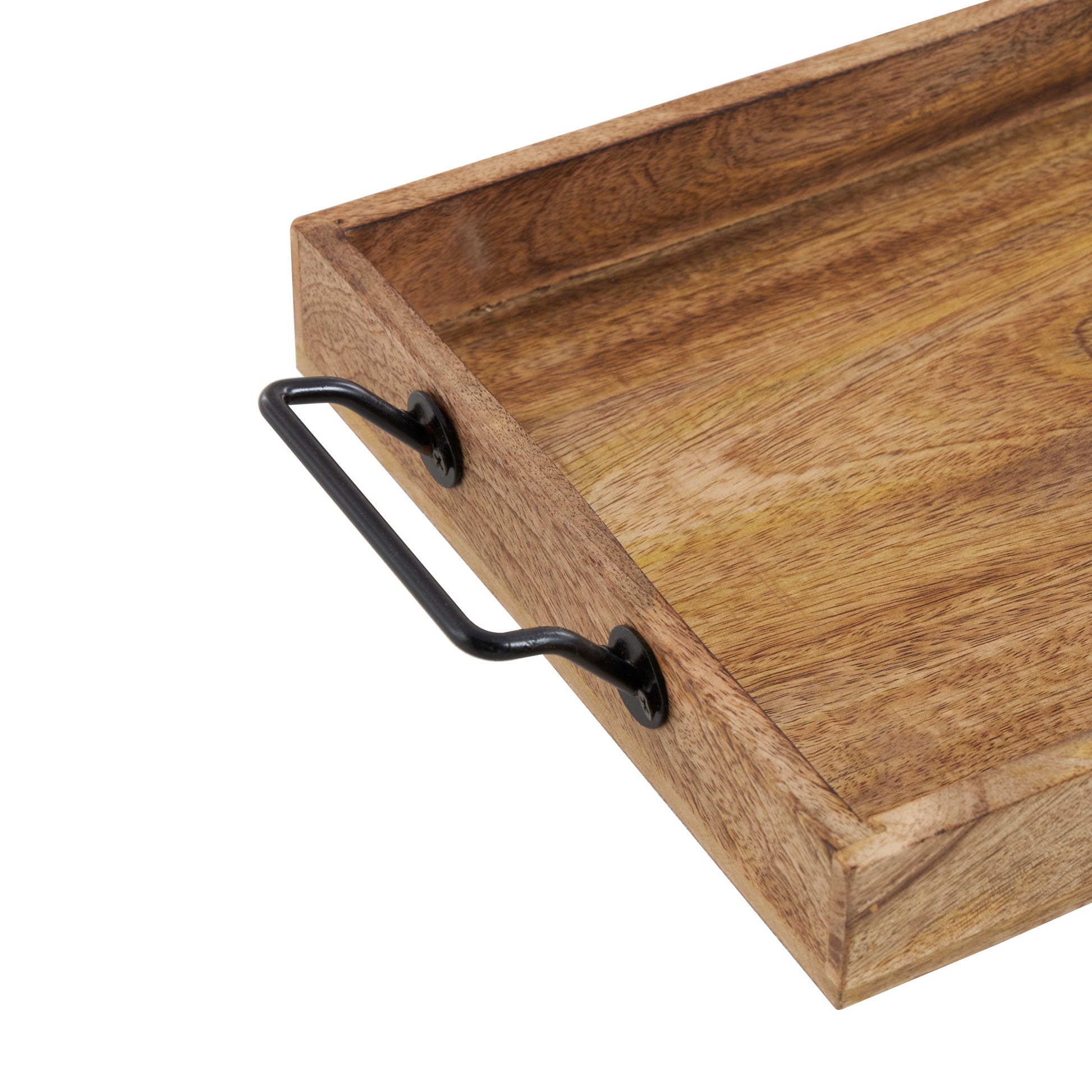 Set of 3 Brown Mango Wood Rectangular Living Room Decor Tray with Black Metal Handles