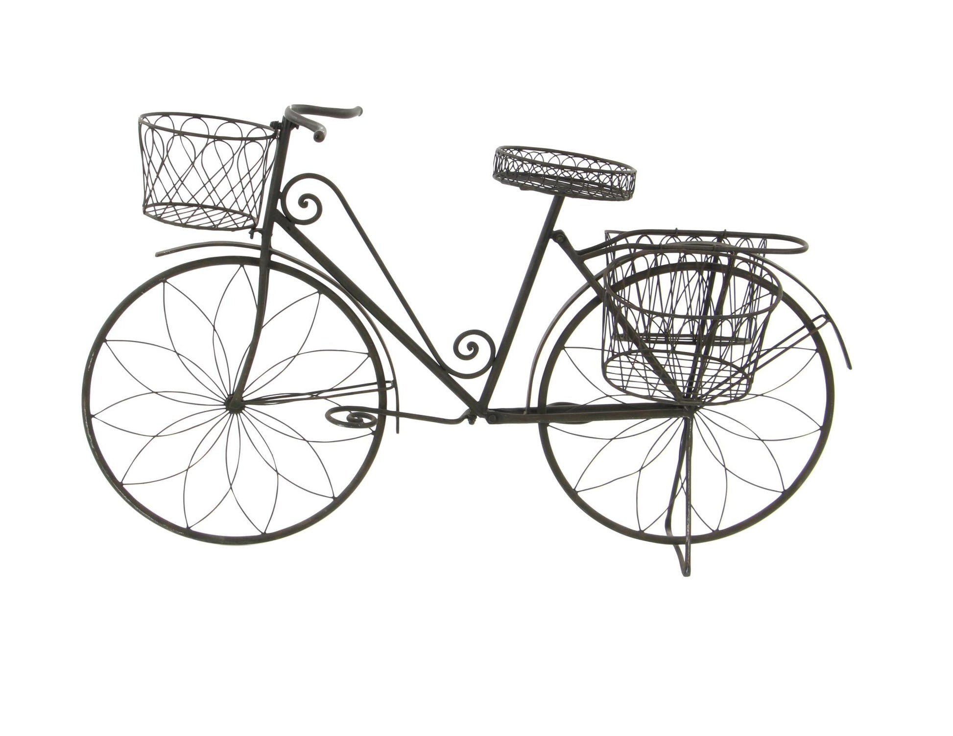 Bike Brown Metal Wire Floral Scrolled Indoor Outdoor Plantstand with Basket and Saddle Bag Planters