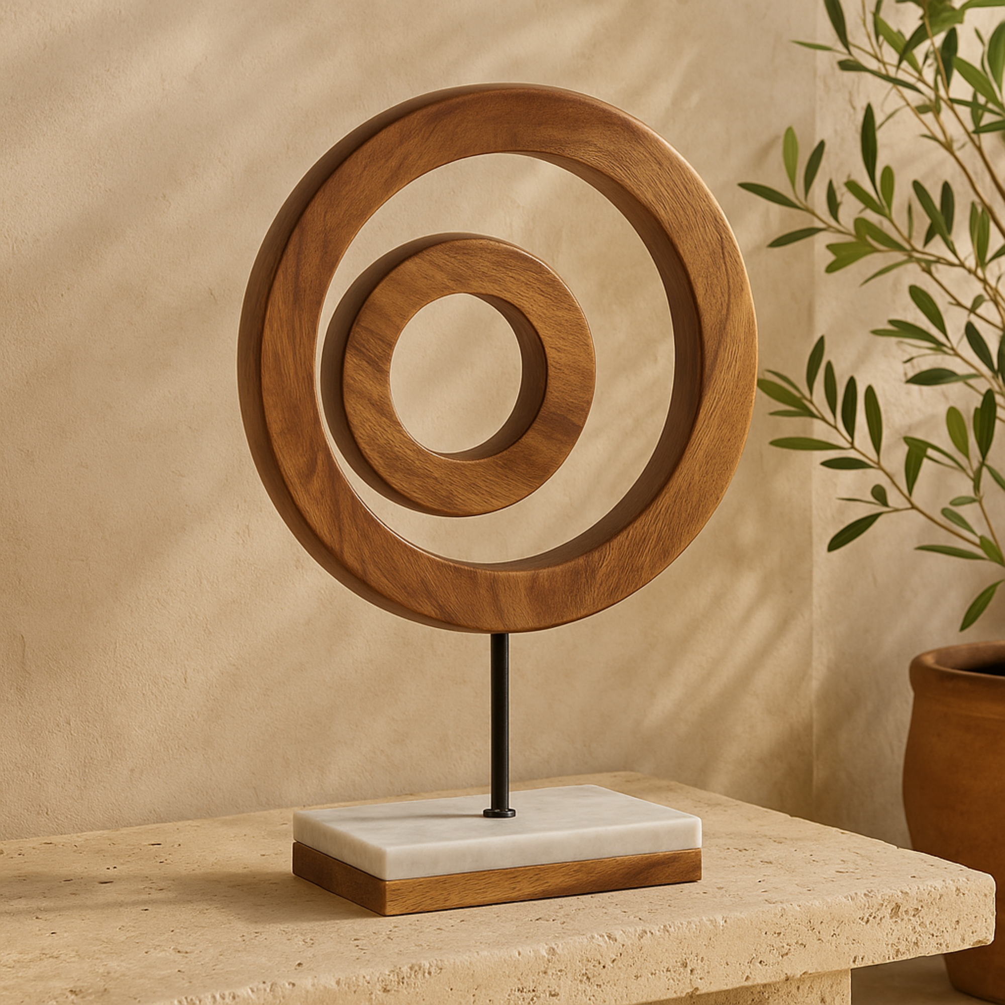Geometric Brown Mango Wood Circle Decorative Sculpture with Marble Stand