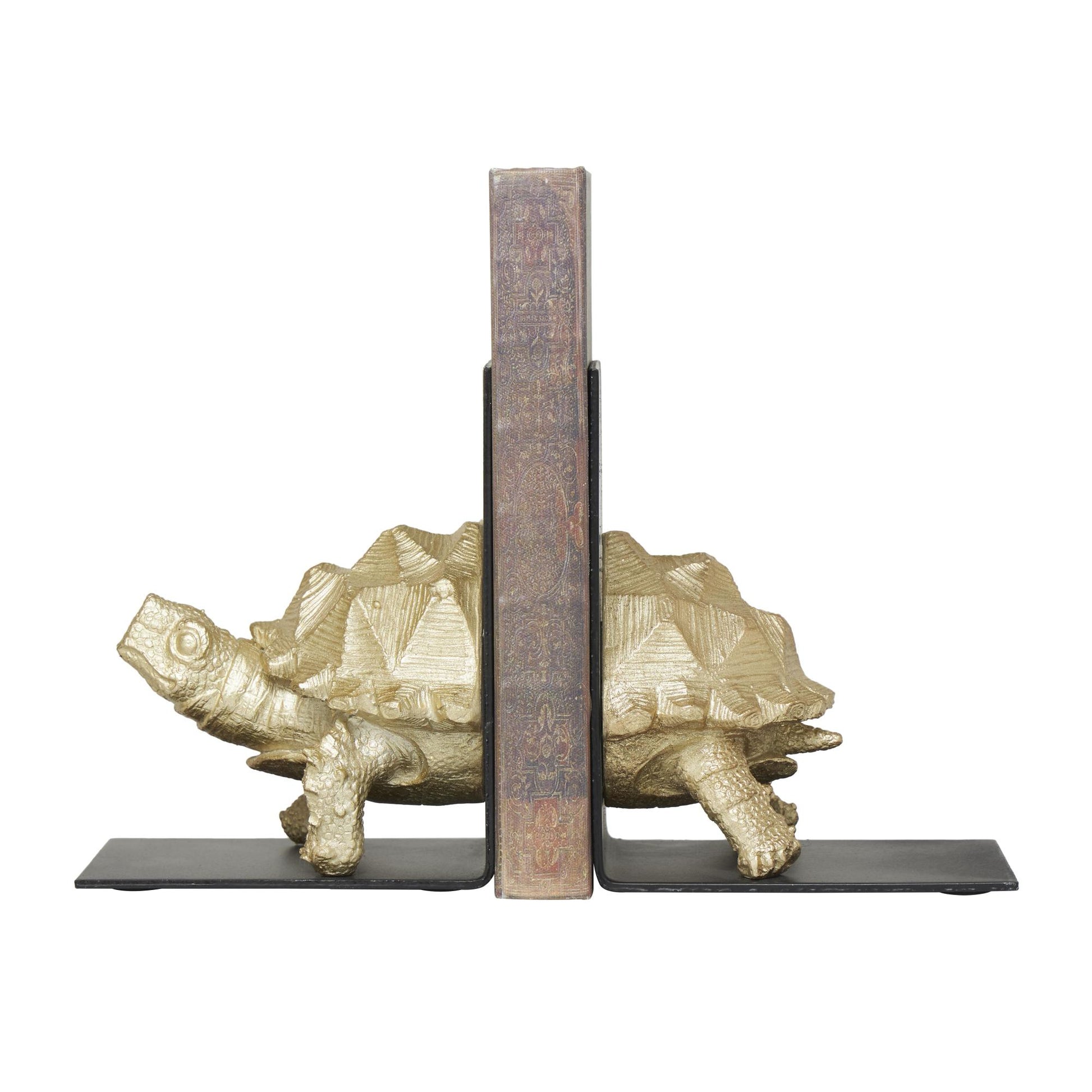 CosmoLiving by Cosmopolitan Set of 2 Turtle Brass Polystone Decorative Bookends with Black Stands