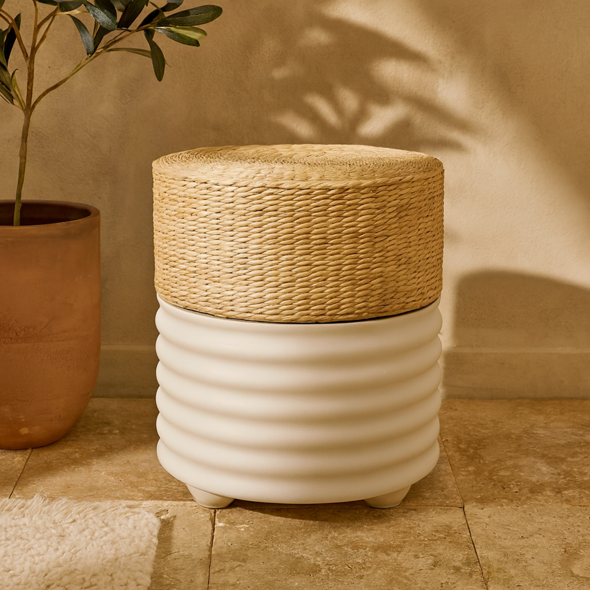 Geometric Wooden Handmade Woven Two-Toned Side End Accent Table with Seagrass Top