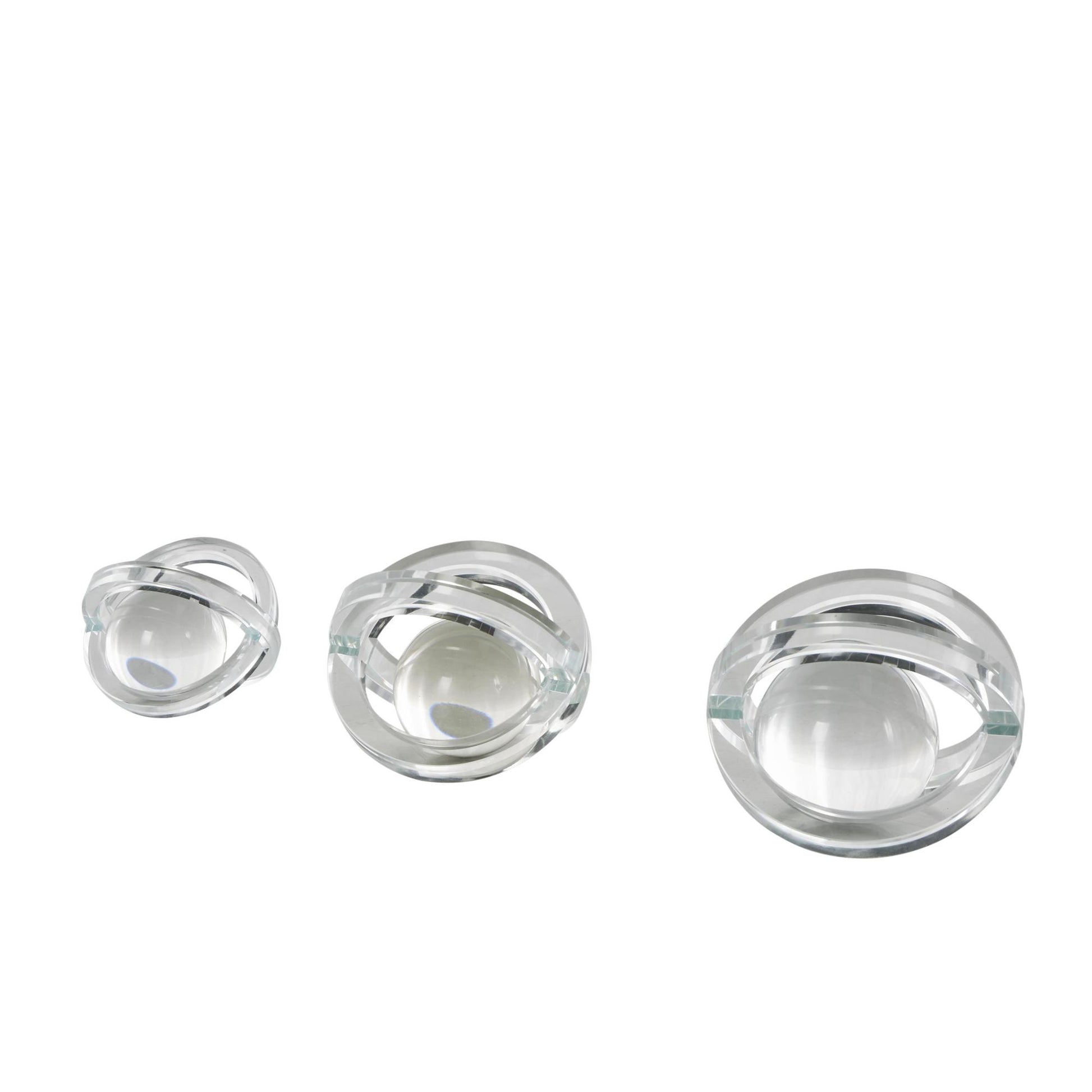 Set of 3 Geometric Clear Glass Orb Decorative Sculpture with Overlapping Rings and Ball Center