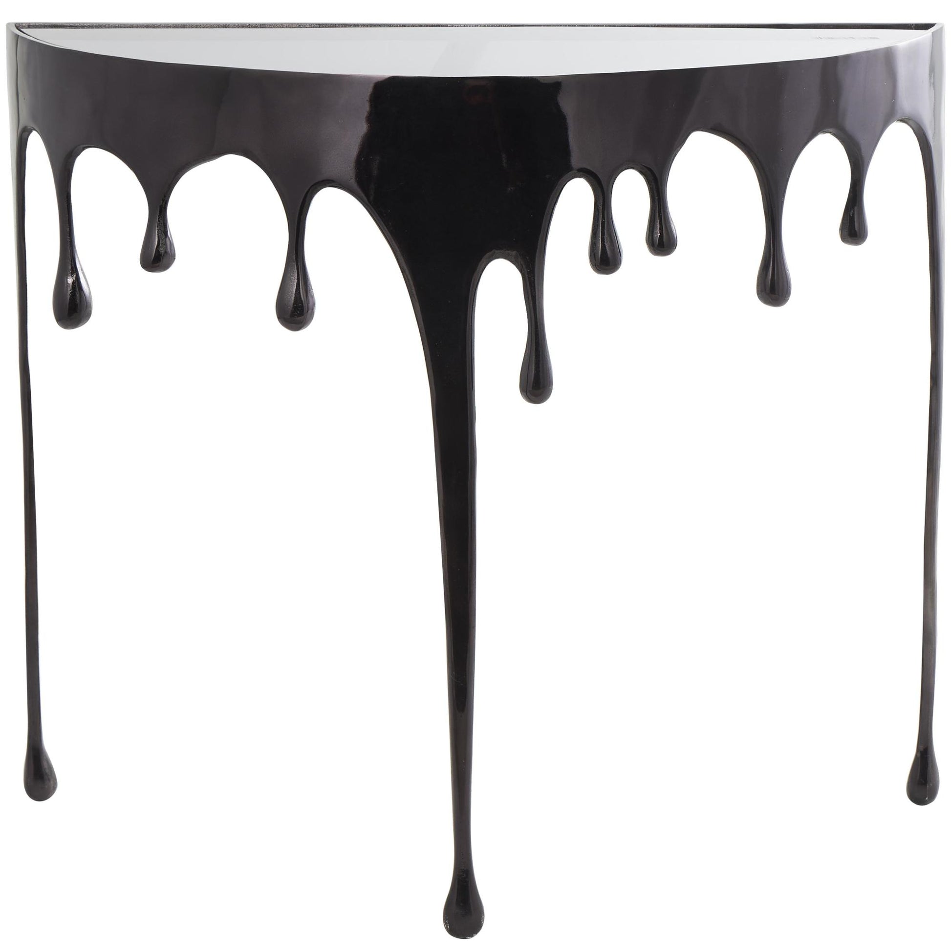 Abstract Aluminum Metal Crescent Drip Living Room Console Table with Melting Design Legs and Glass Top