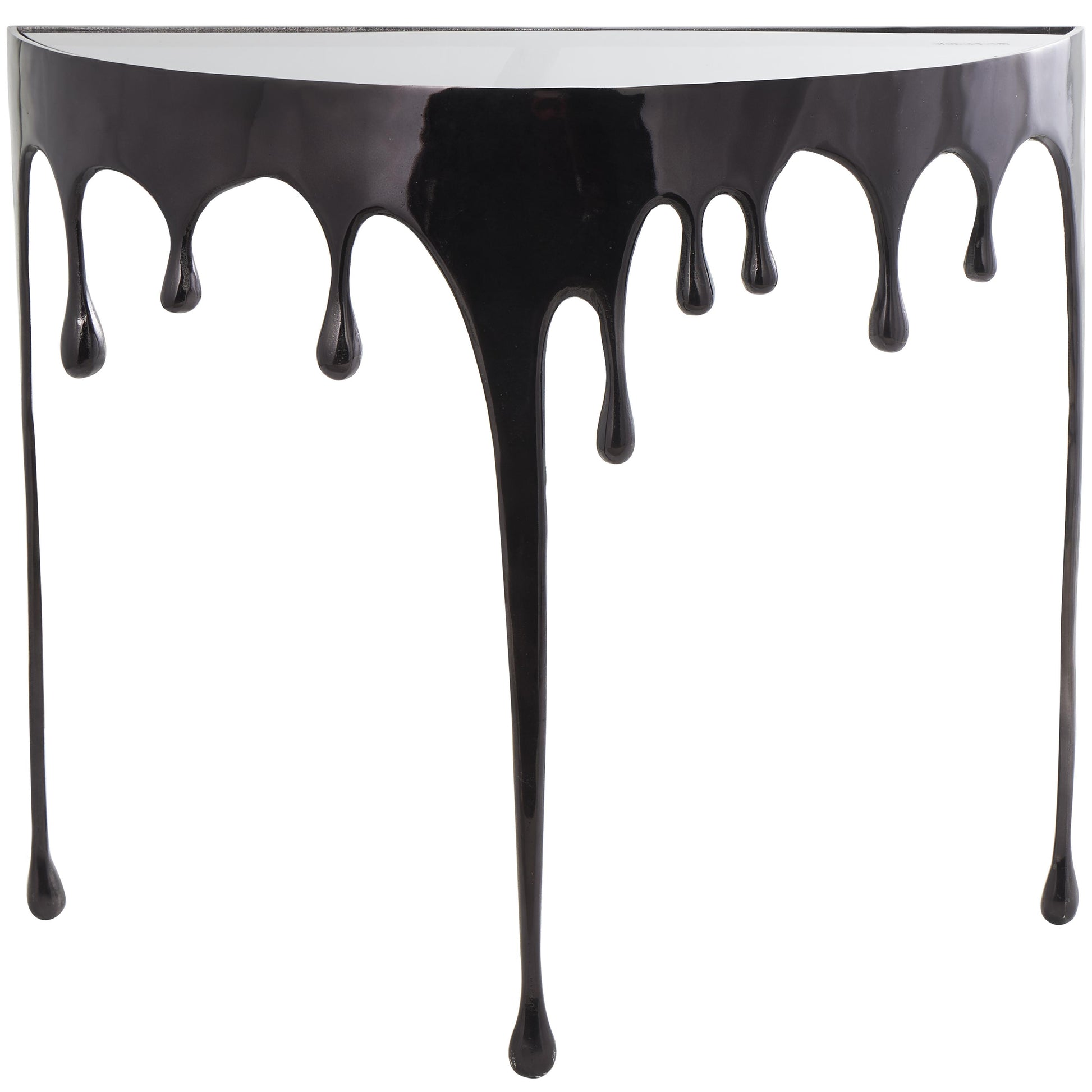 Abstract Aluminum Metal Crescent Drip Living Room Console Table with Melting Design Legs and Glass Top