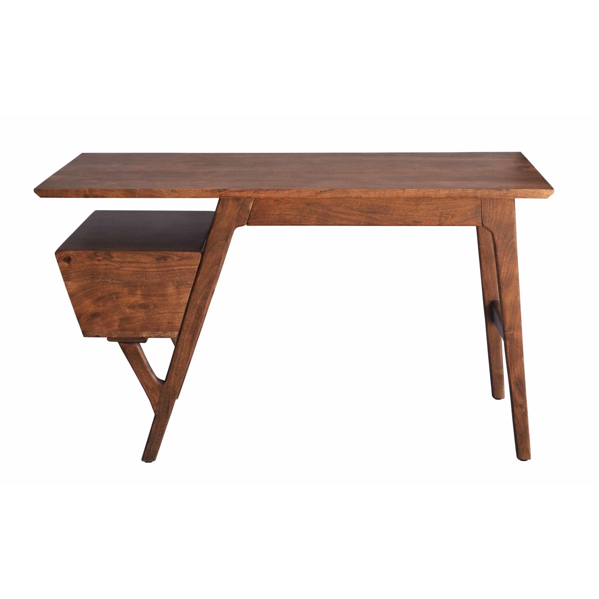 Geometric Brown Wood 3 Drawer Desk with Trapezoid Floating Side Shelf