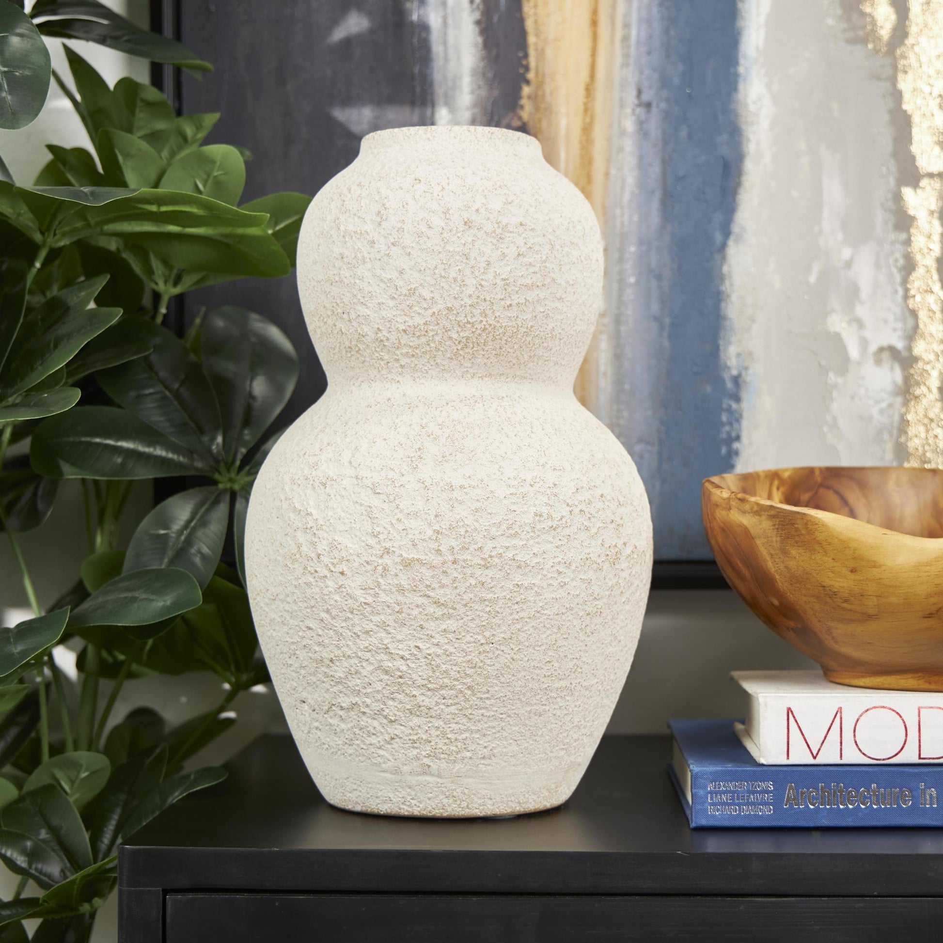 Cream Ceramic Hourglass Textured Decorative Vase with Brown Distressing