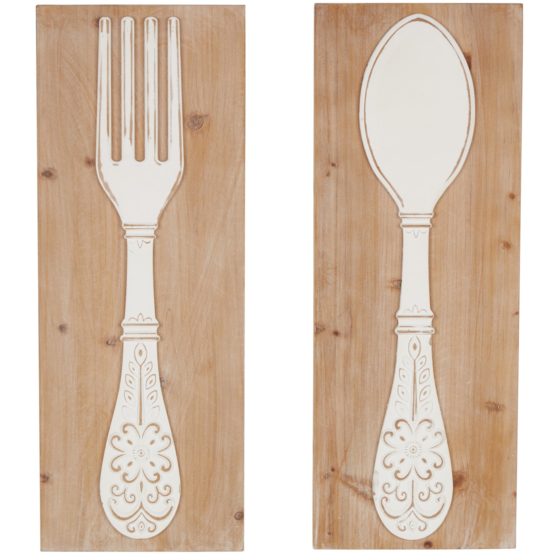 Set of 2 Utensils Brown Wooden Home Wall Decor with Carved White Floral Designs