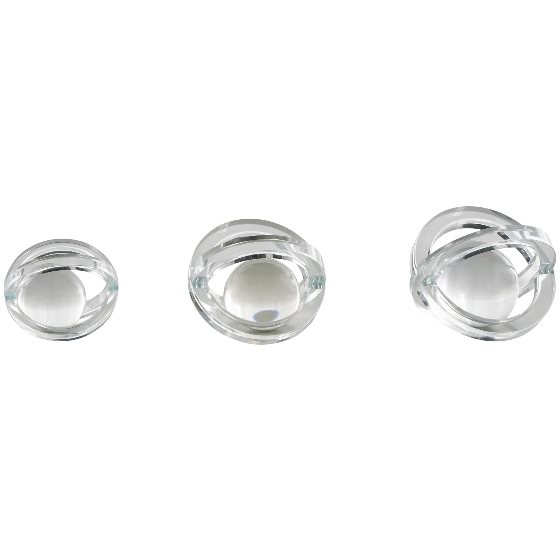 Set of 3 Geometric Clear Glass Orb Decorative Sculpture with Overlapping Rings and Ball Center