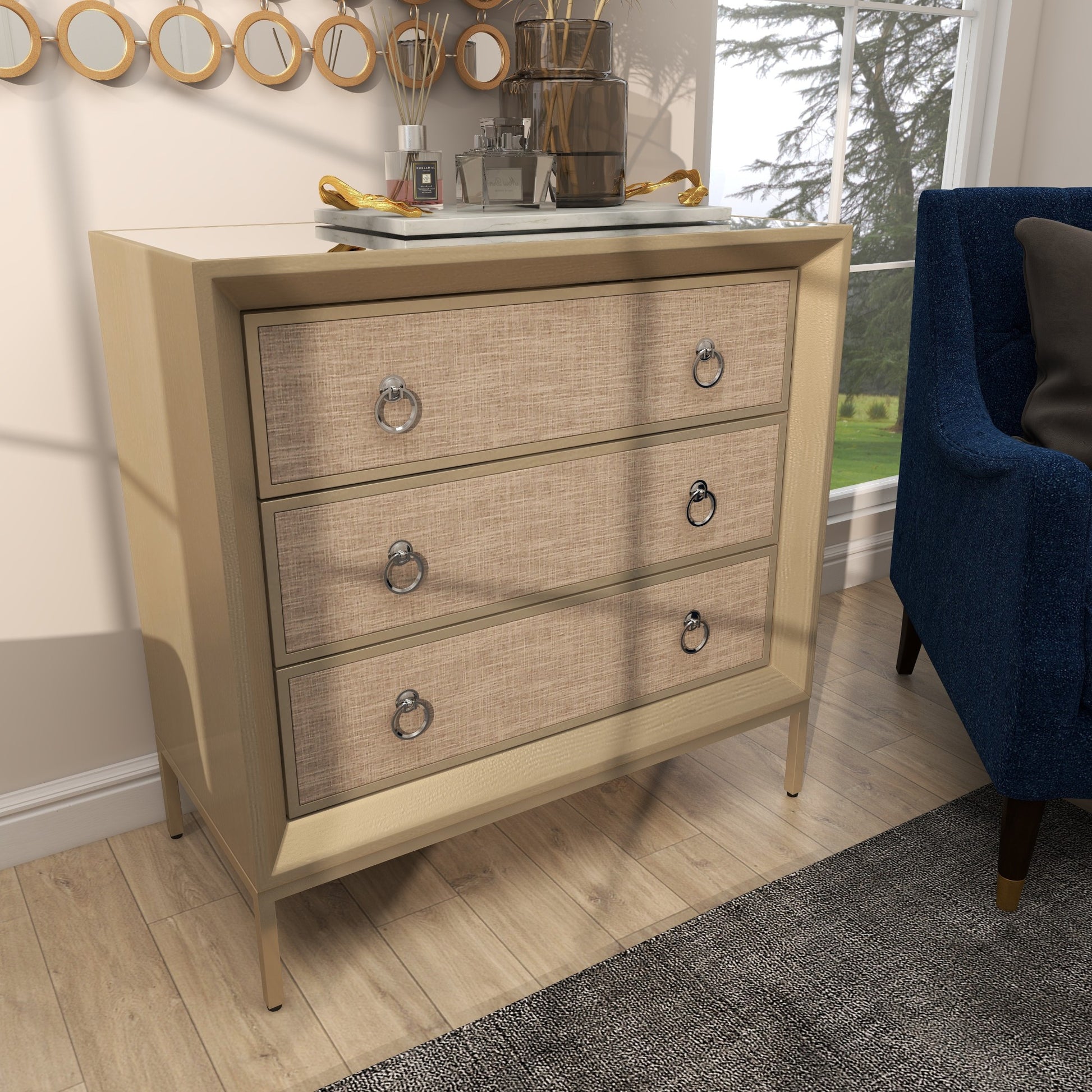 Beige Wooden Upholstered Front Panel 3 Drawer Room Chest with Mirrored Top and Ring Handles