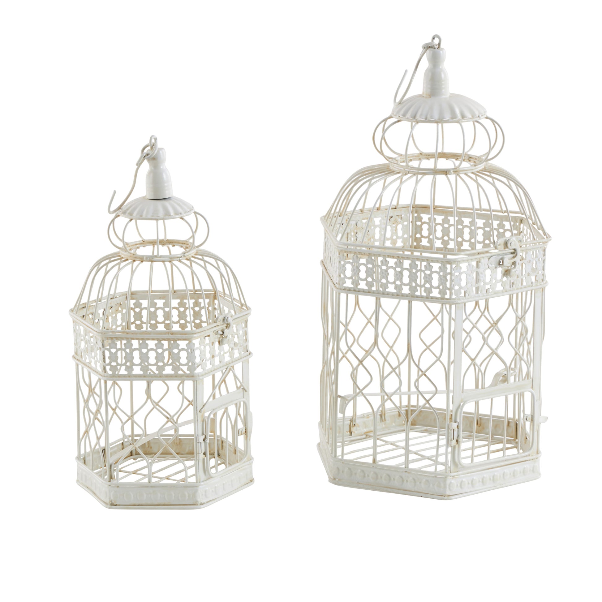Set of 2 Scroll Cream Metal Distressed Wire Decorative Birdcage with Latch Lock Closure and Hanging Hook