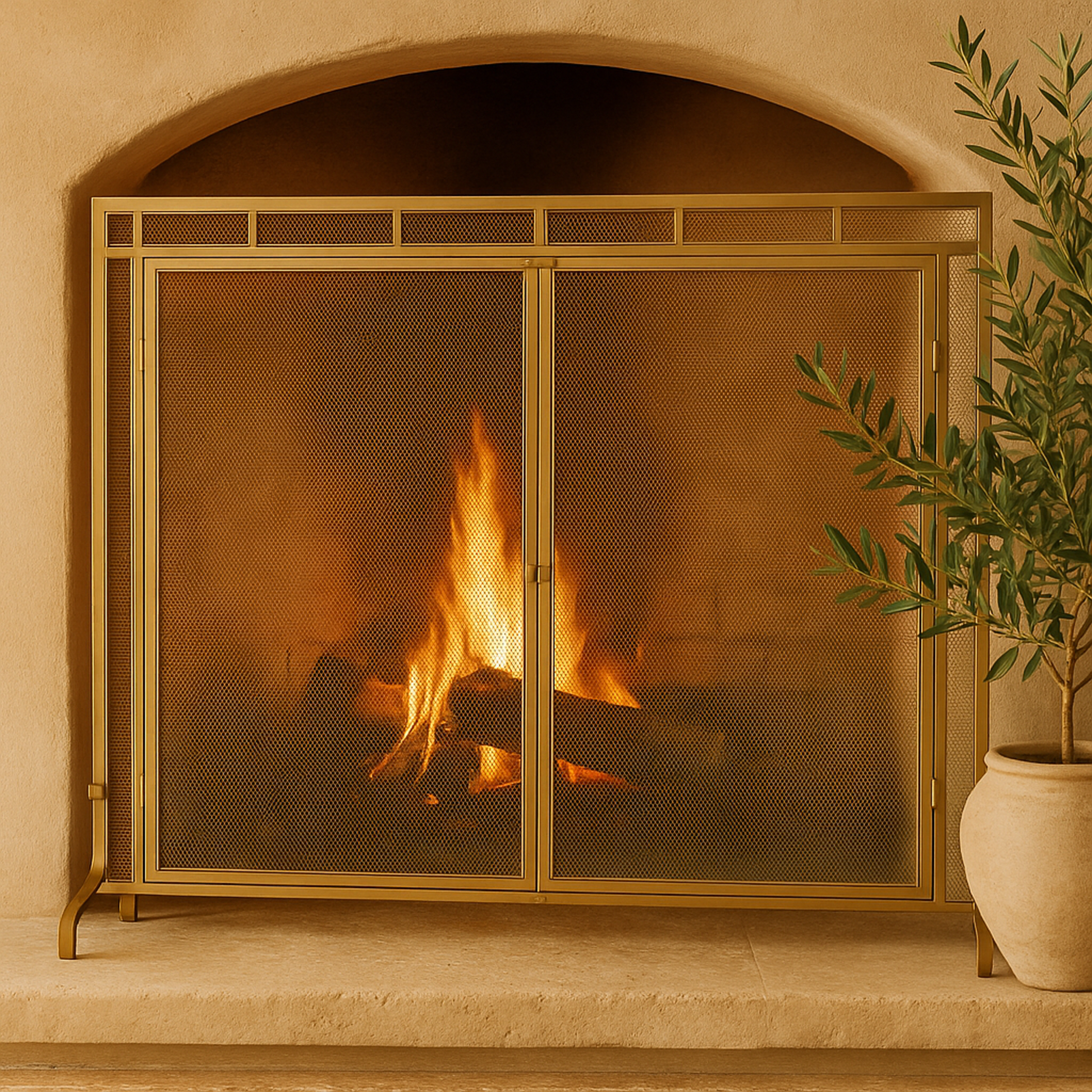 Gold Metal Geometric Single Panel Living Room Fireplace Screen with Latched Doors and Arched Feet