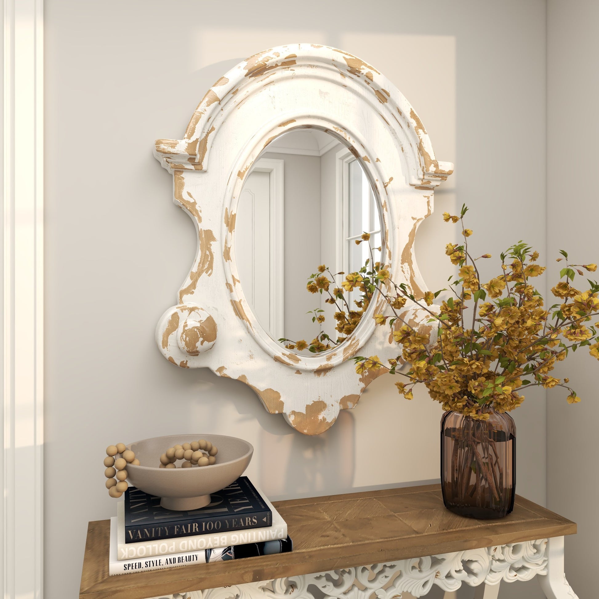 Scroll White Fiberglass Distressed Antique Arched Oval Room Wall Mirror