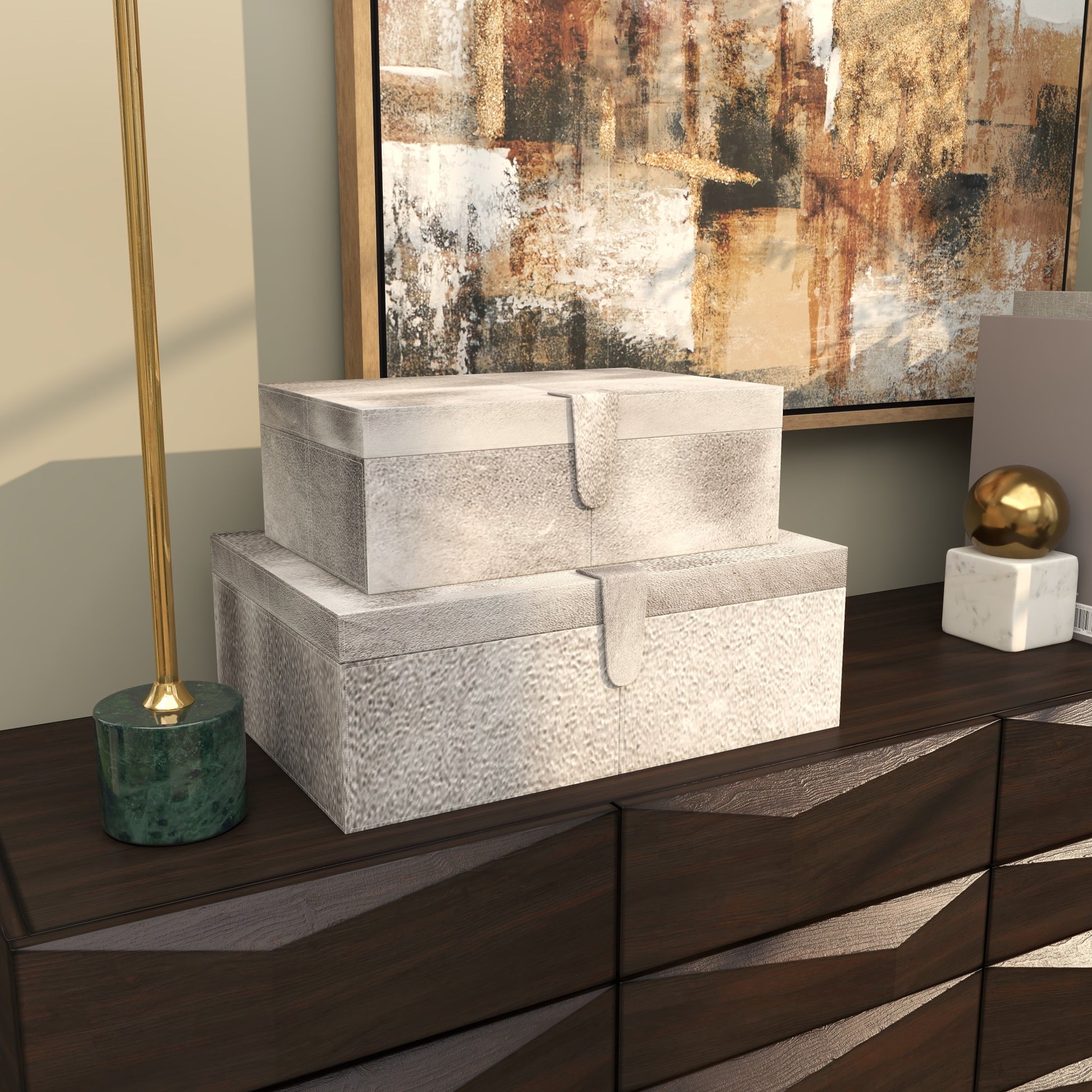 Set of 2 Leather Handmade Cowhide Storage Decorative Box with Stitching Detail