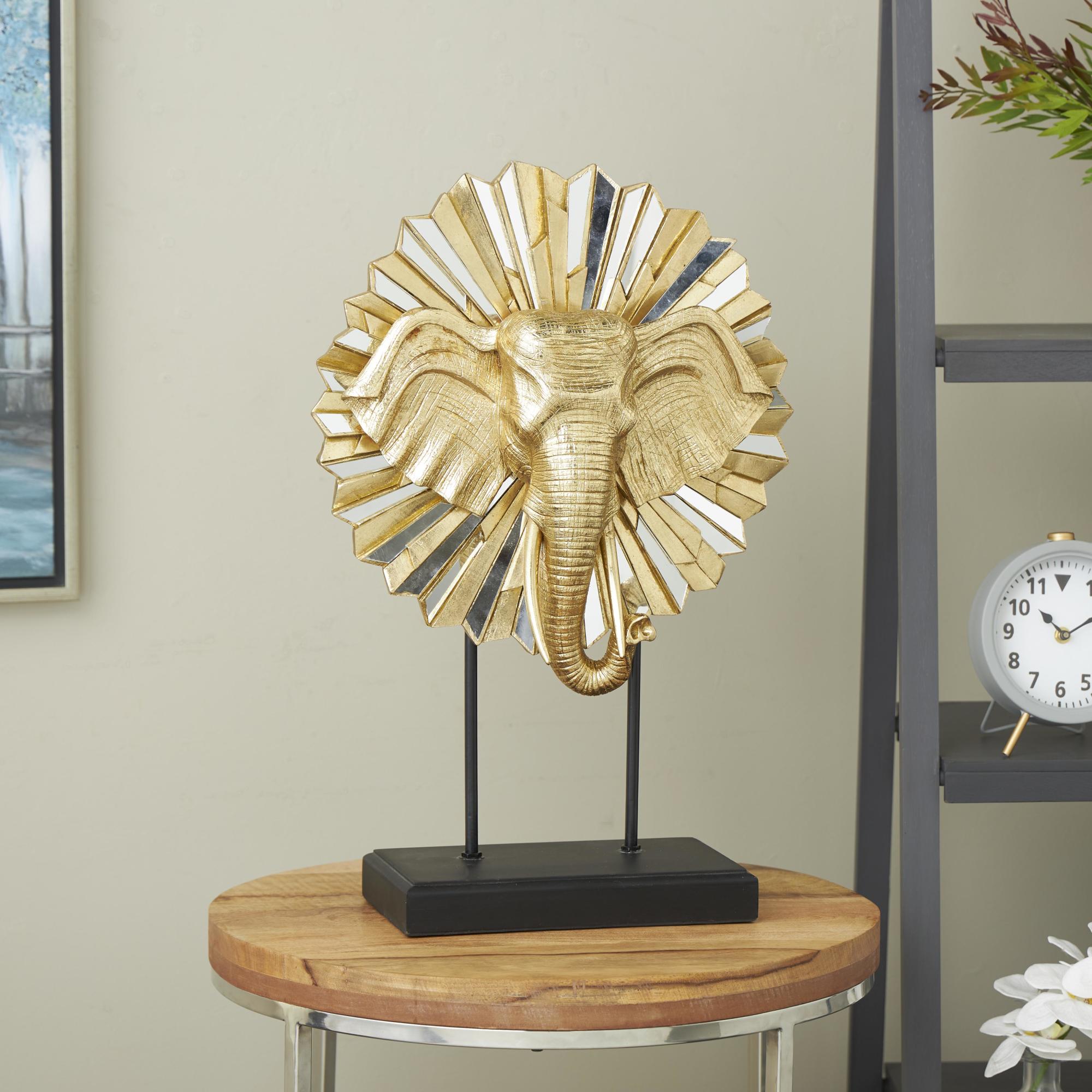 Elephant Gold Resin Decorative Sculpture with Mirrored Sunburst Accent and Black Stand