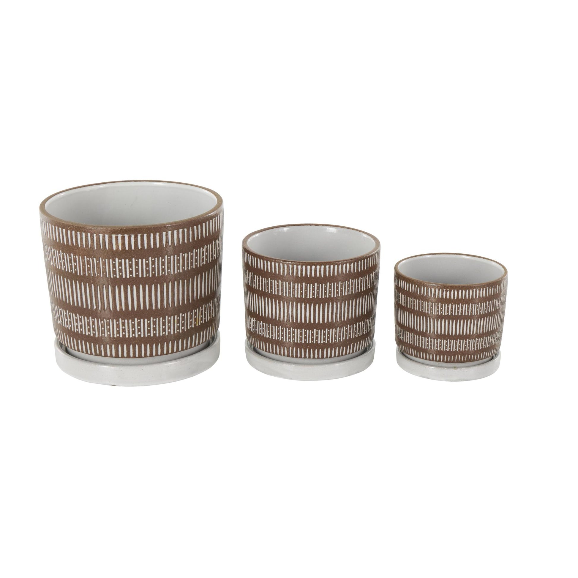 Set of 3 Brown Ceramic Polka Dot and Linear Patterned Indoor Outdoor Planter with White Accents and Base Tray