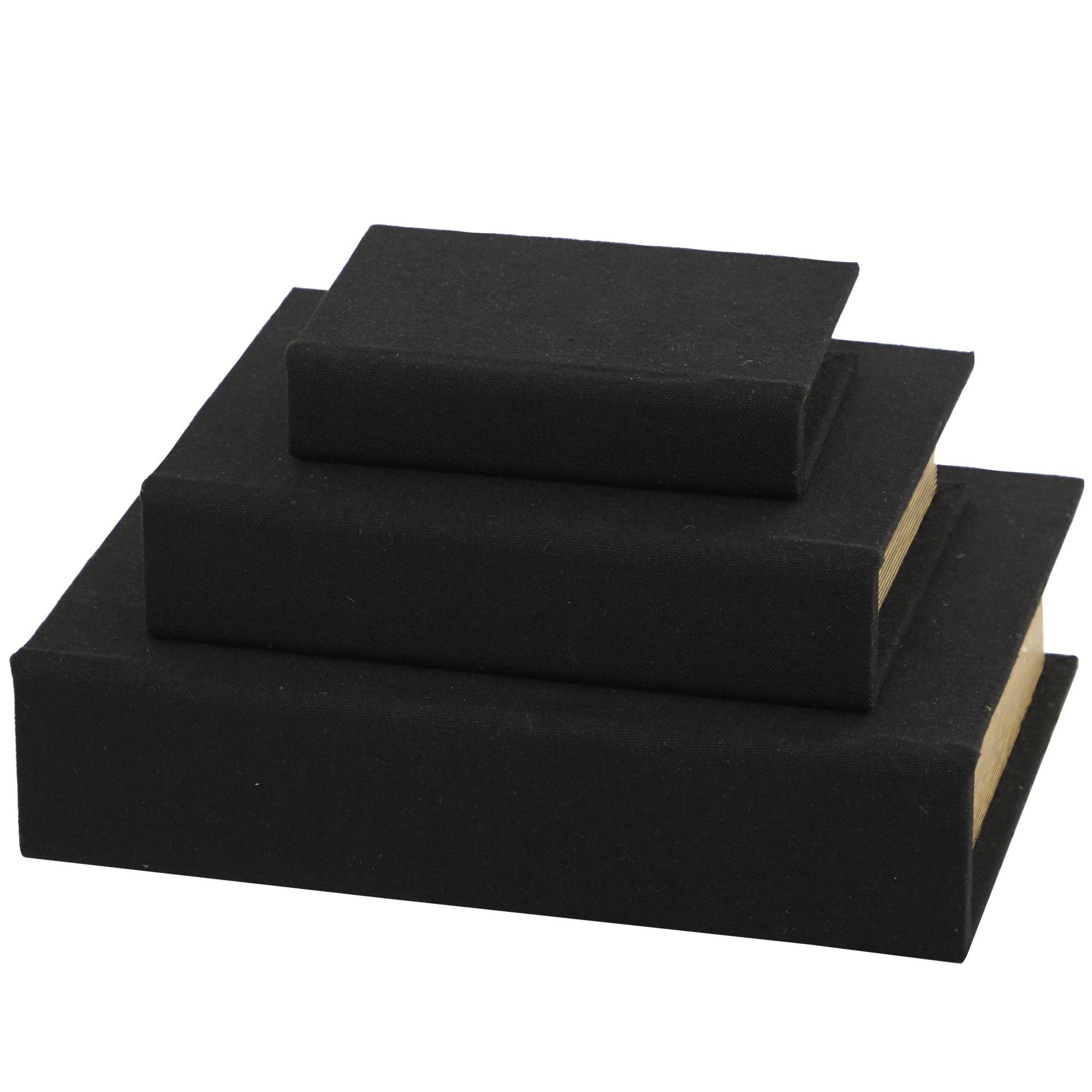 Set of 3 Linen Fabric Textured Faux Book Storage Decorative Box with Gold Page Detailing