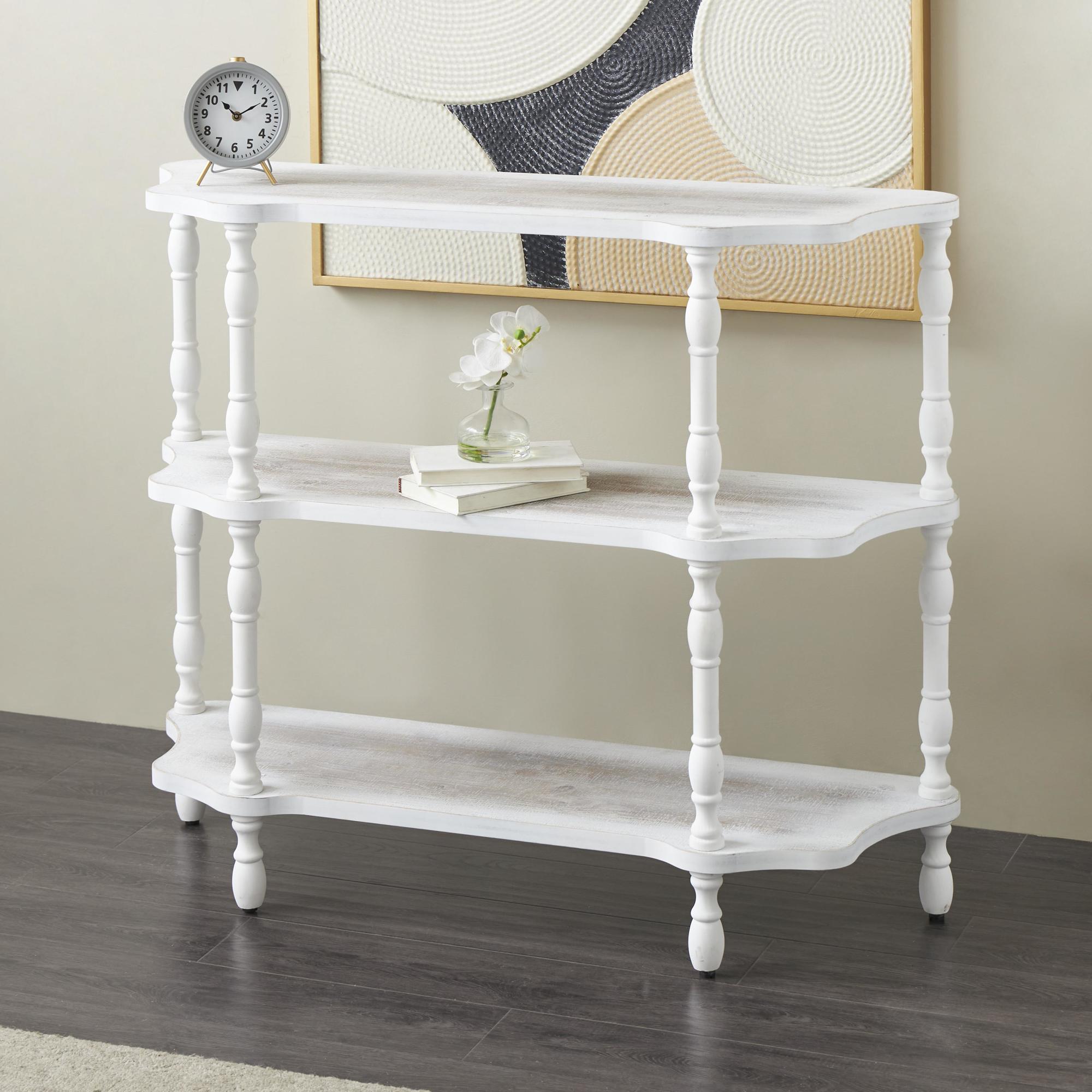 White Wooden Washed 2 Shelf Storage Shelving Unit with Turned Legs and Wavy Corners